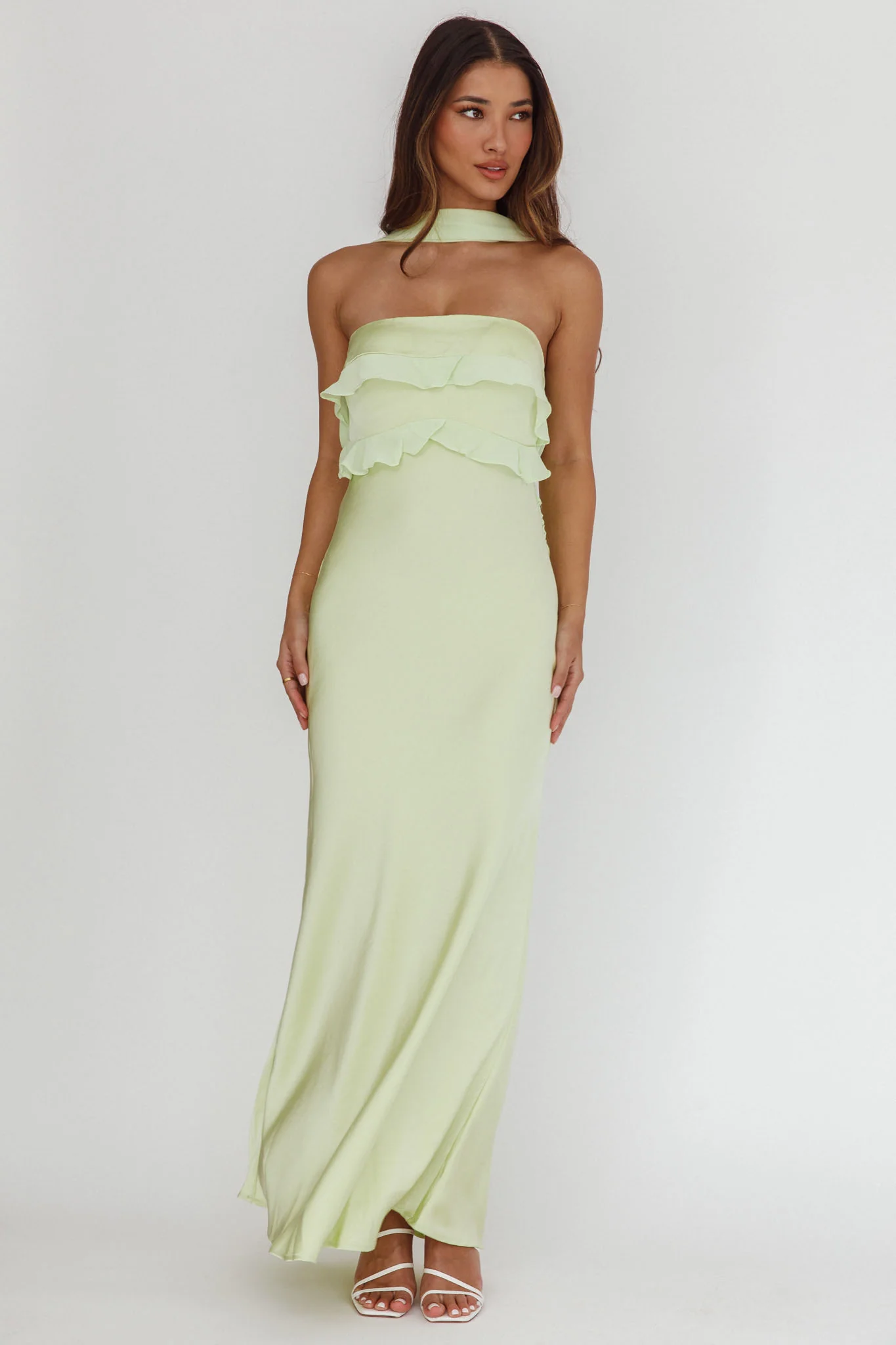 Damsel Reverse Halter Frill Trim Maxi Dress Sage - Image 5