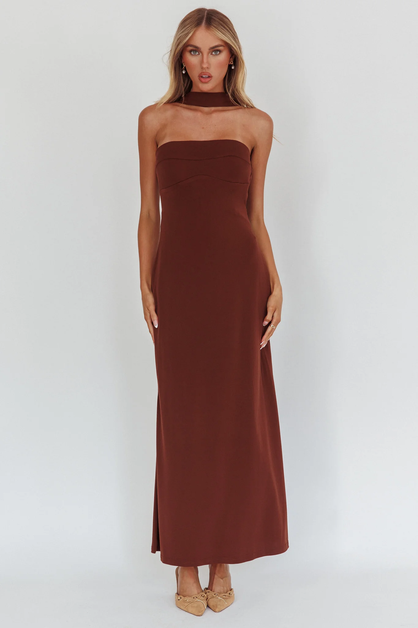Damsel Reverse Halter Maxi Dress Chocolate - Image 5