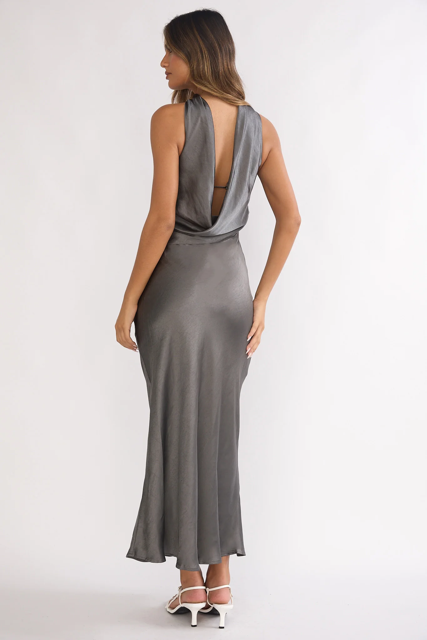 Damsel Reverse Halter Maxi Dress Satin Charcoal - Image 2