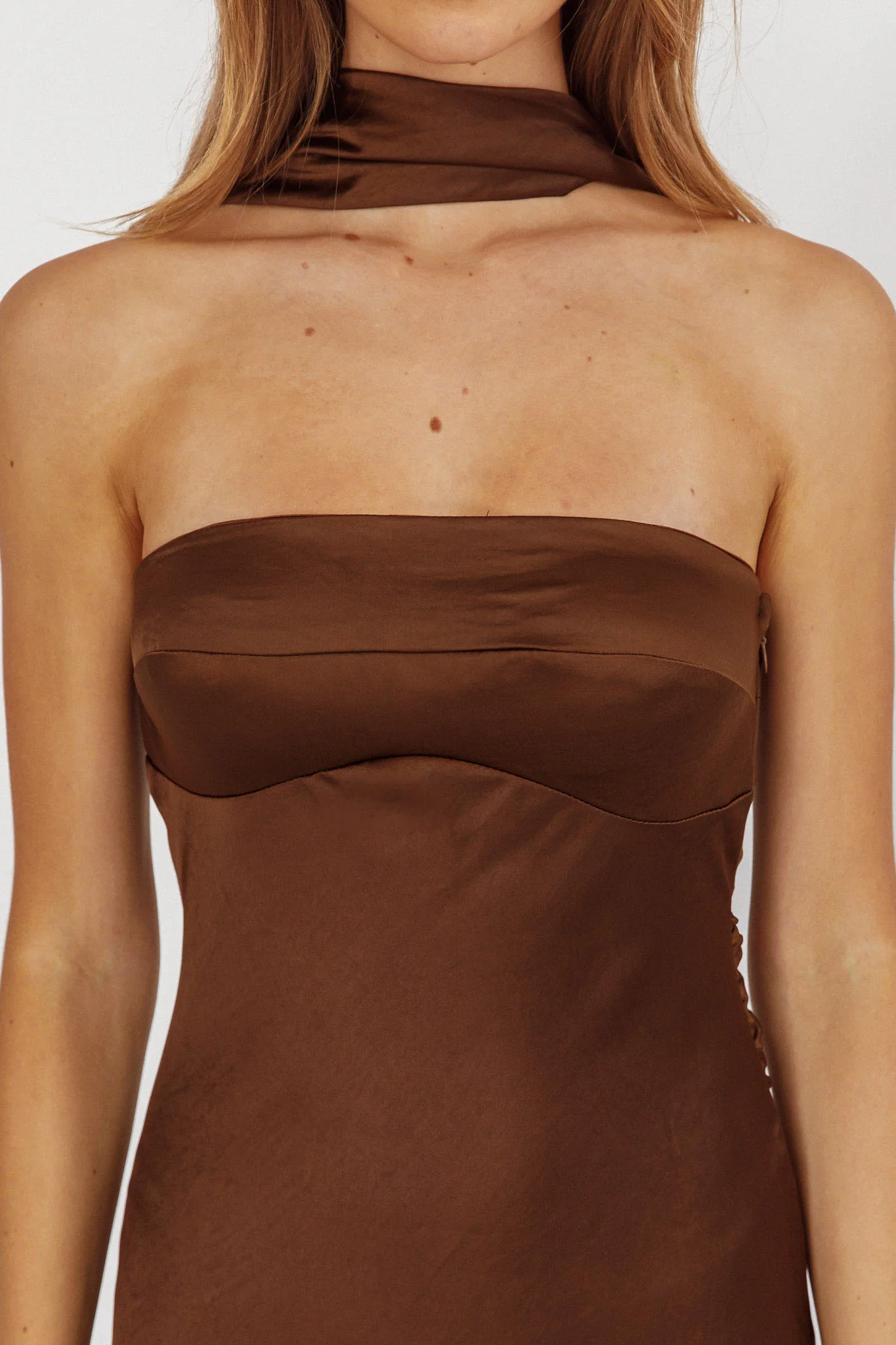 Damsel Reverse Halter Maxi Dress Satin Chocolate - Image 3