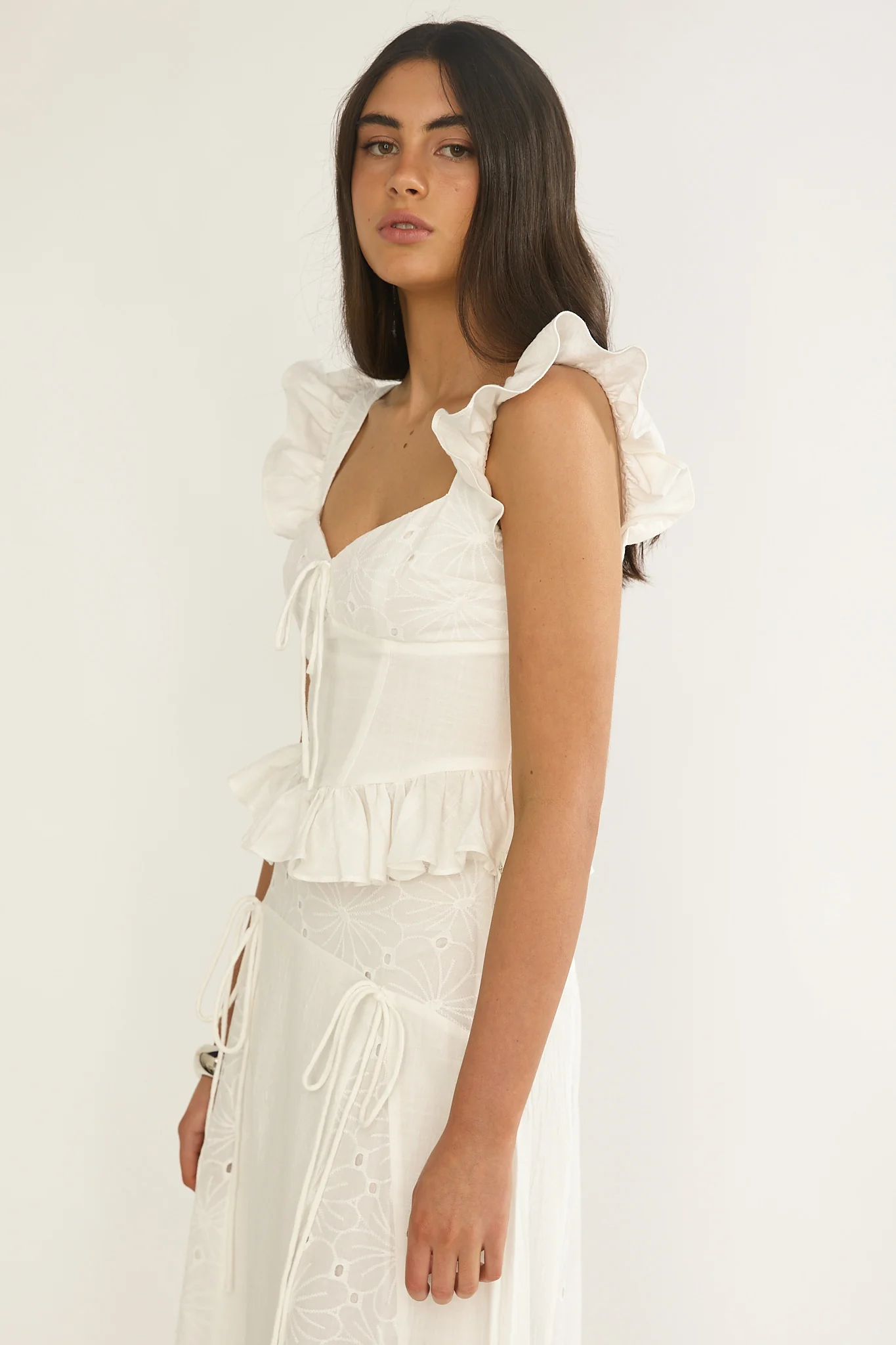 Danette Frill Trim Embroidery Top White - Image 5