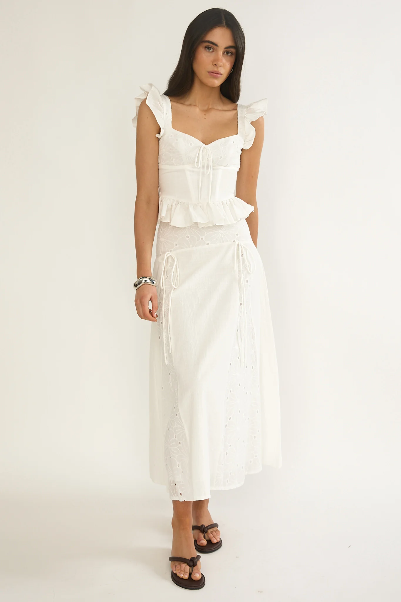 Danette String Tie Embroidery Maxi Skirt White - Image 2