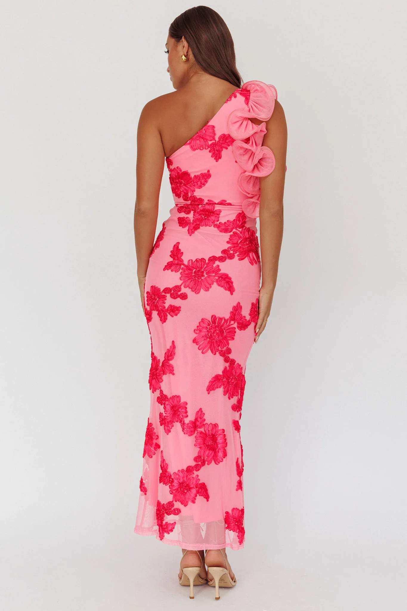 Deanna One-Shoulder Ruffle Maxi Dress Floral Pink - Image 2