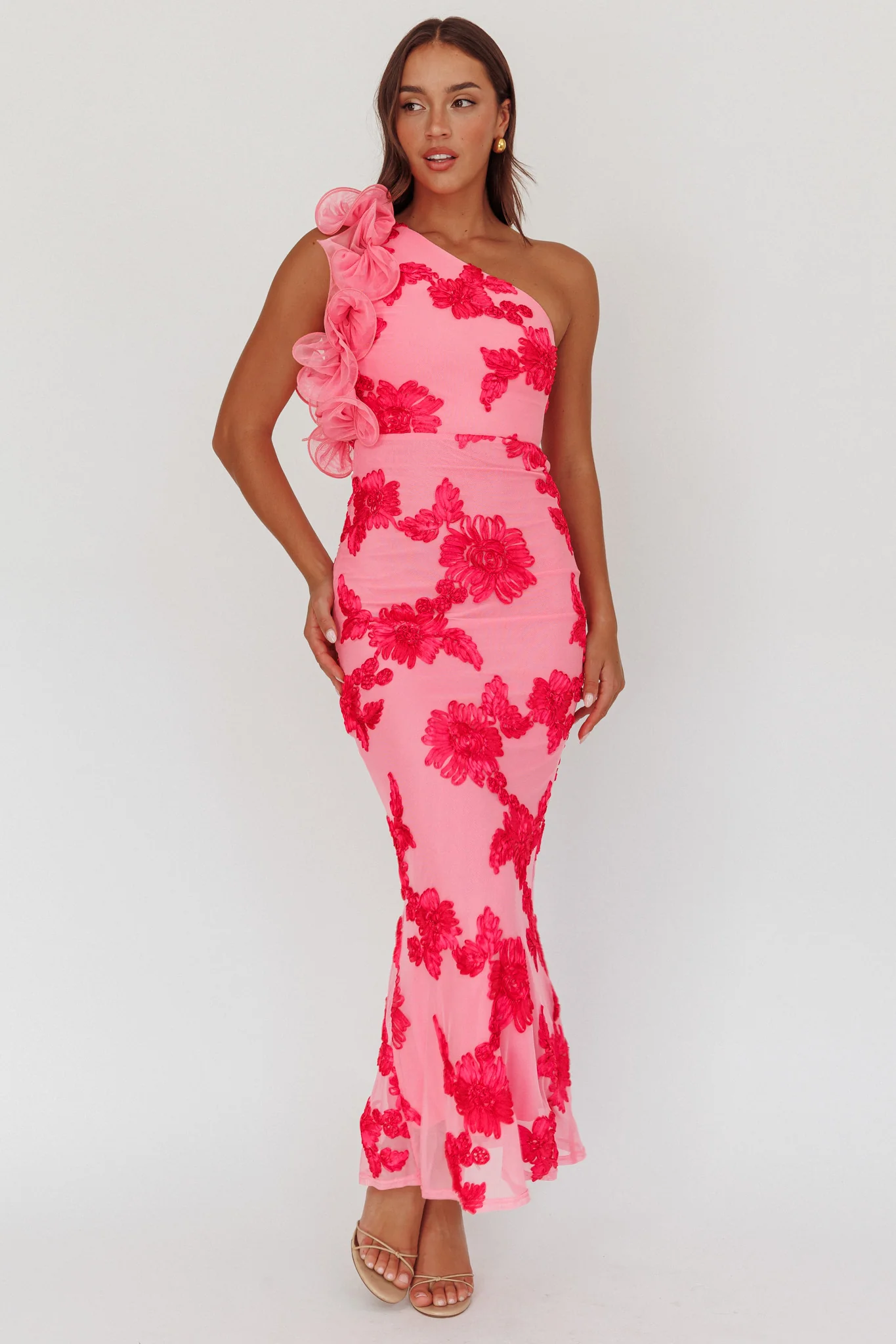 Deanna One-Shoulder Ruffle Maxi Dress Floral Pink - Image 4
