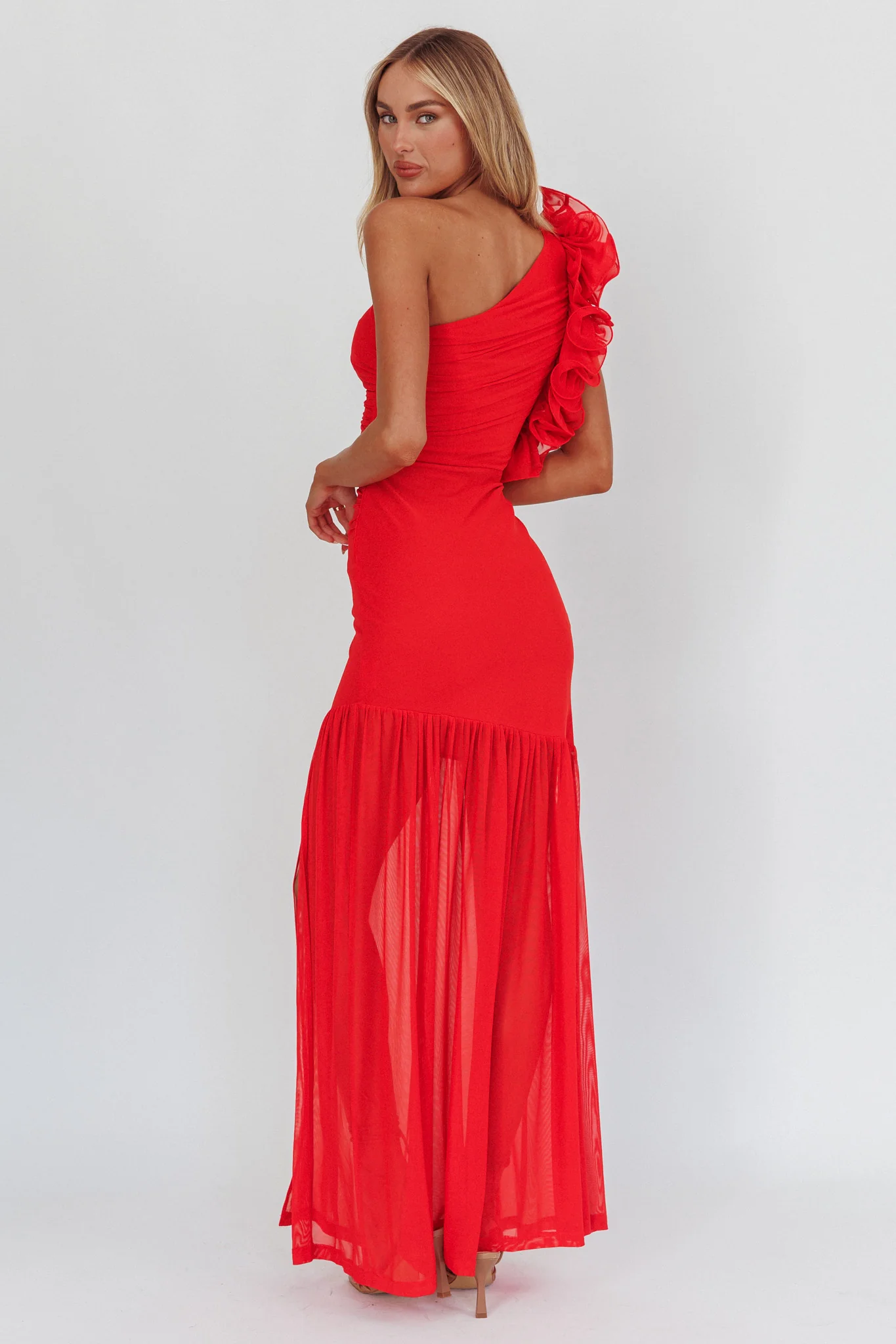 Deanna One-Shoulder Sheer Hem Maxi Dress Red - Image 2
