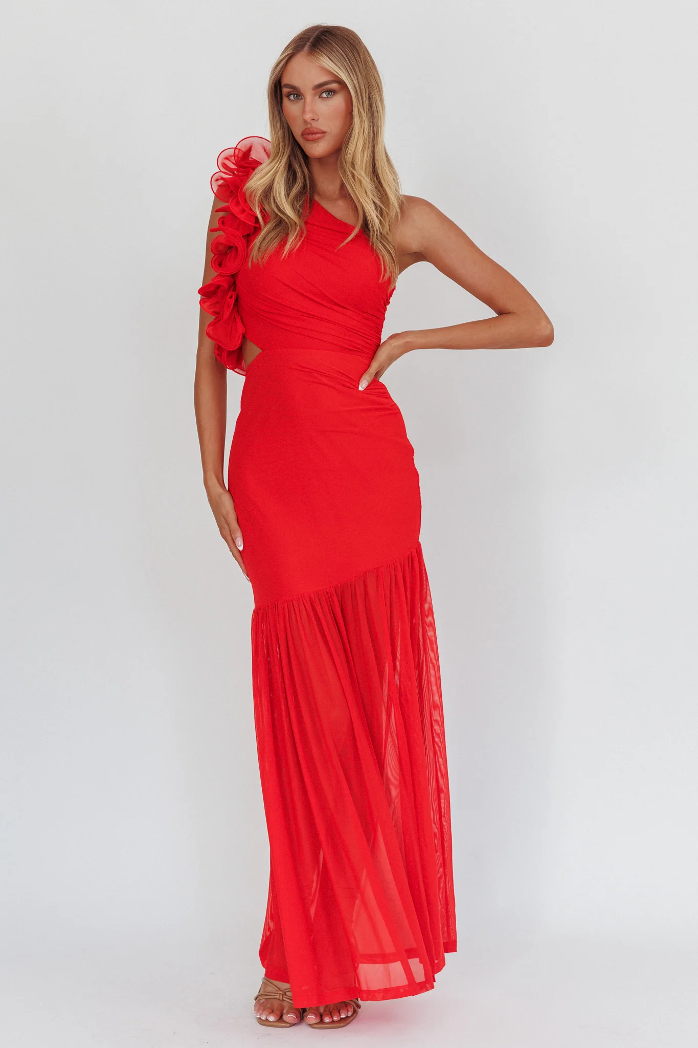 Deanna One-Shoulder Sheer Hem Maxi Dress Red - Image 5