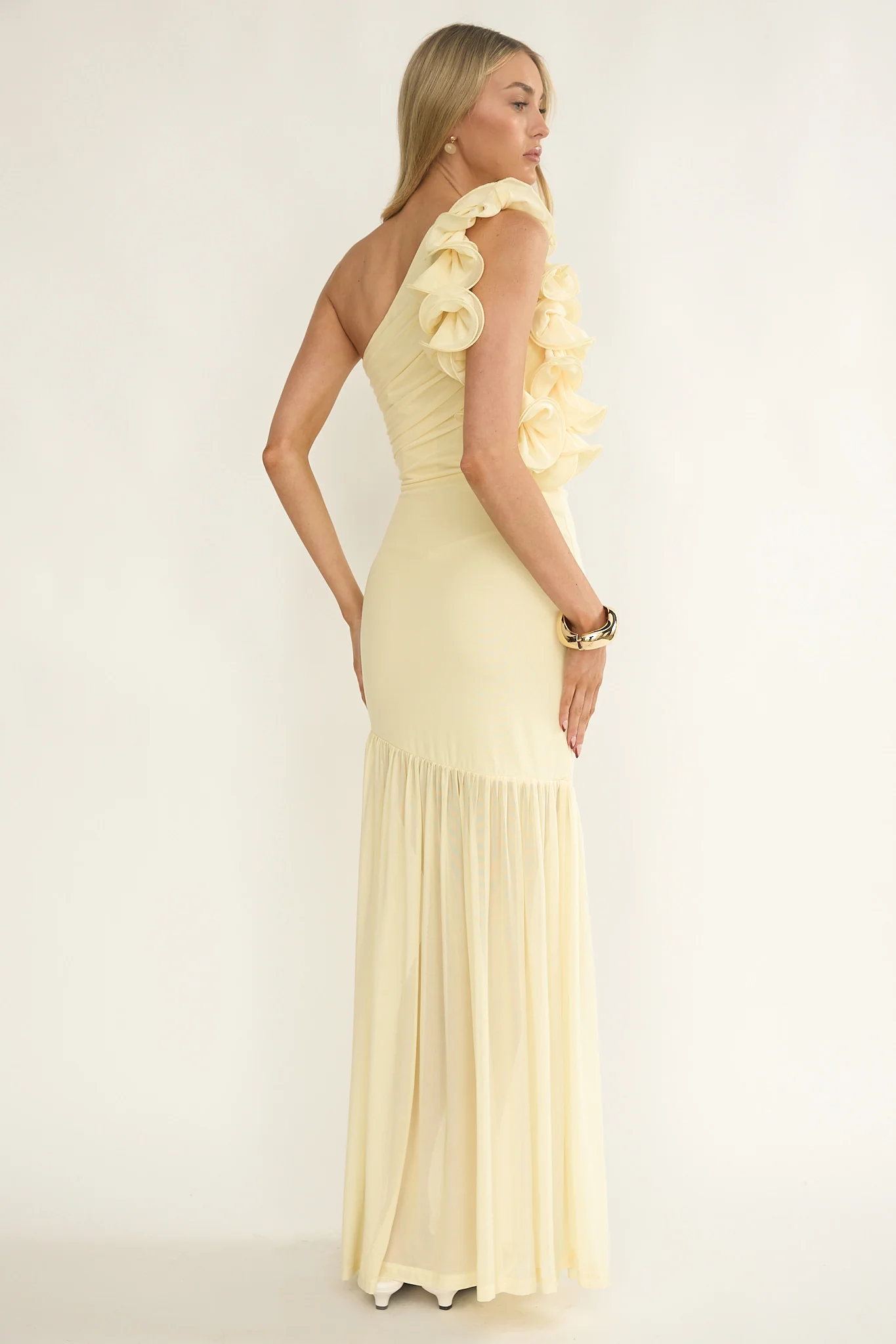 Deanna One-Shoulder Sheer Hem Maxi Dress Yellow - Image 2