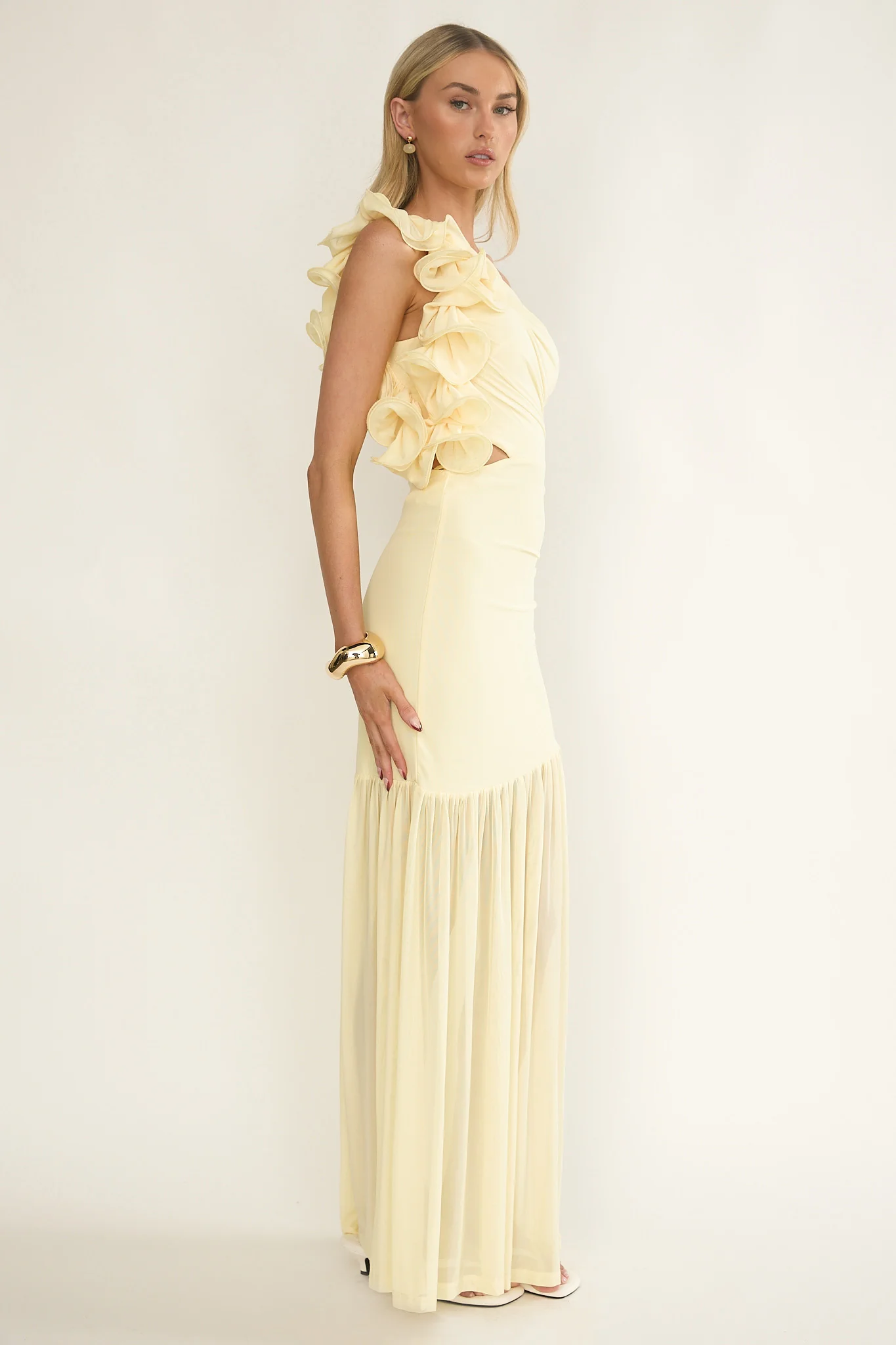 Deanna One-Shoulder Sheer Hem Maxi Dress Yellow - Image 6