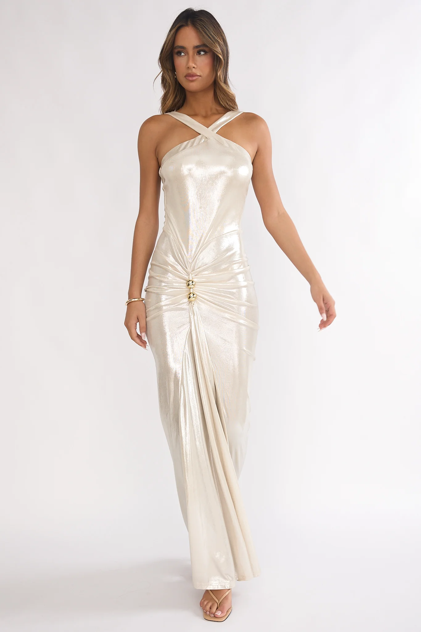 Delaina Ruched Waist Gold Accent Maxi Dress Pearl - Image 5