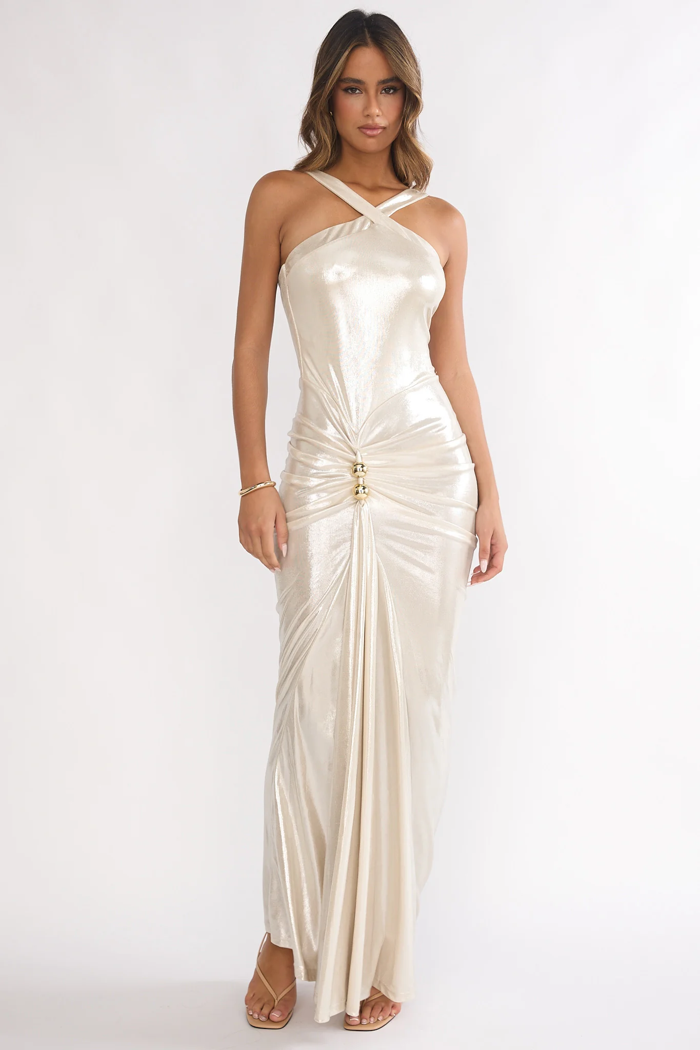 Delaina Ruched Waist Gold Accent Maxi Dress Pearl - Image 7