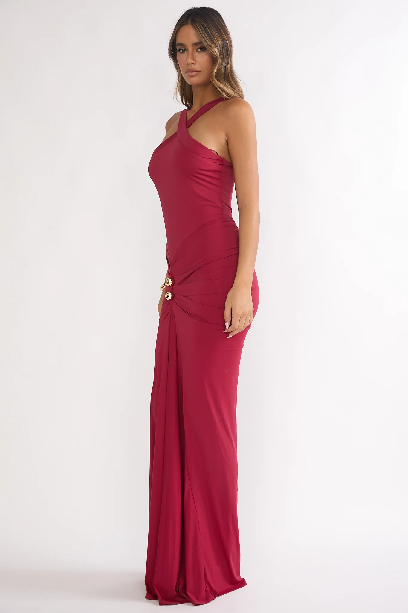 Delaina Ruched Waist Gold Accent Maxi Dress Wine - Image 2
