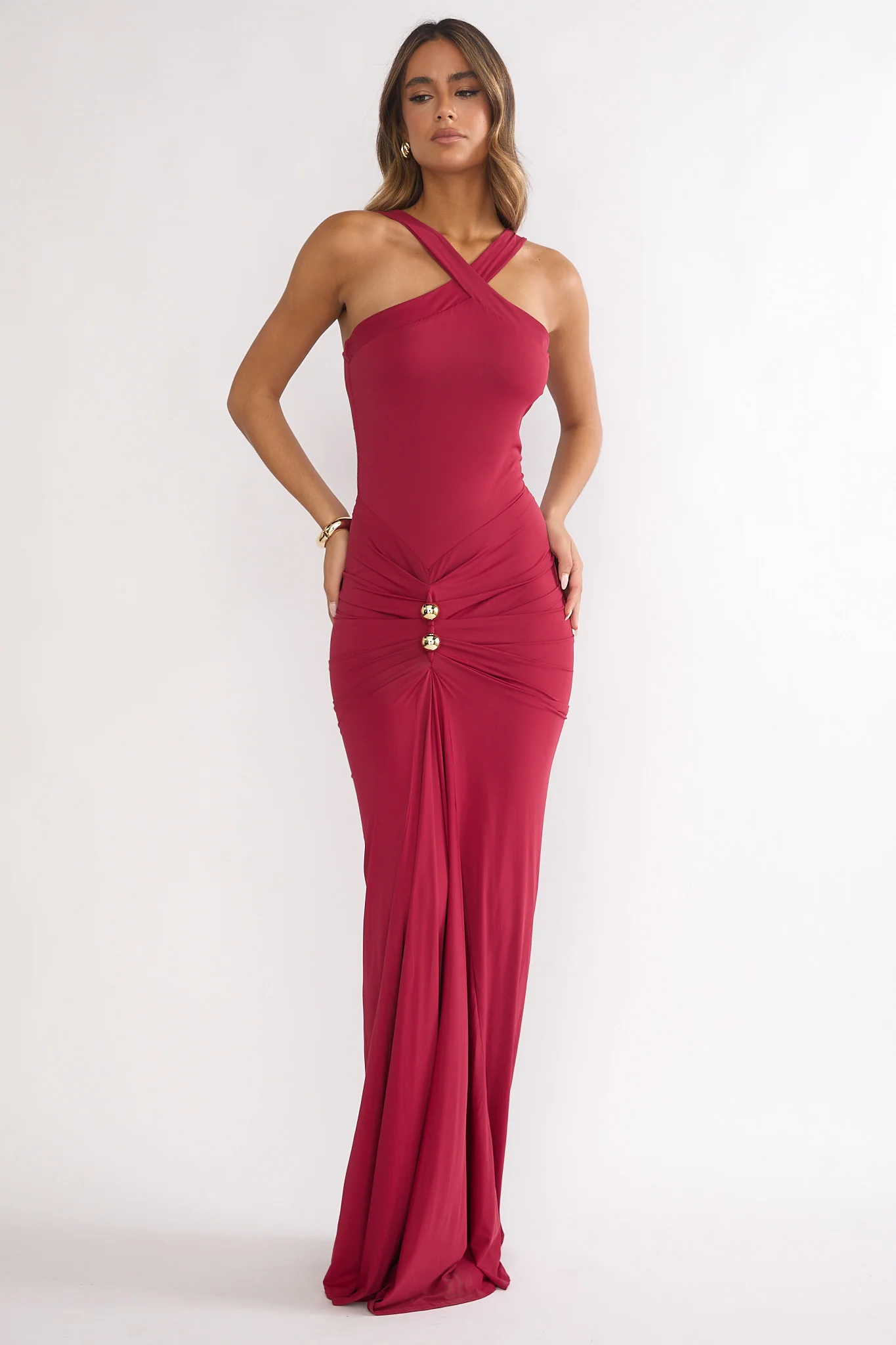 Delaina Ruched Waist Gold Accent Maxi Dress Wine - Image 4