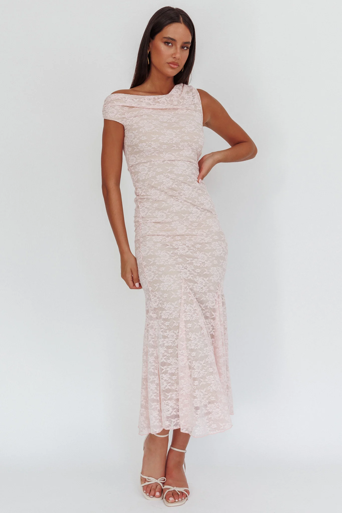Diana Asymmetric Shoulder Godet Maxi Dress Lace Pink - Image 4