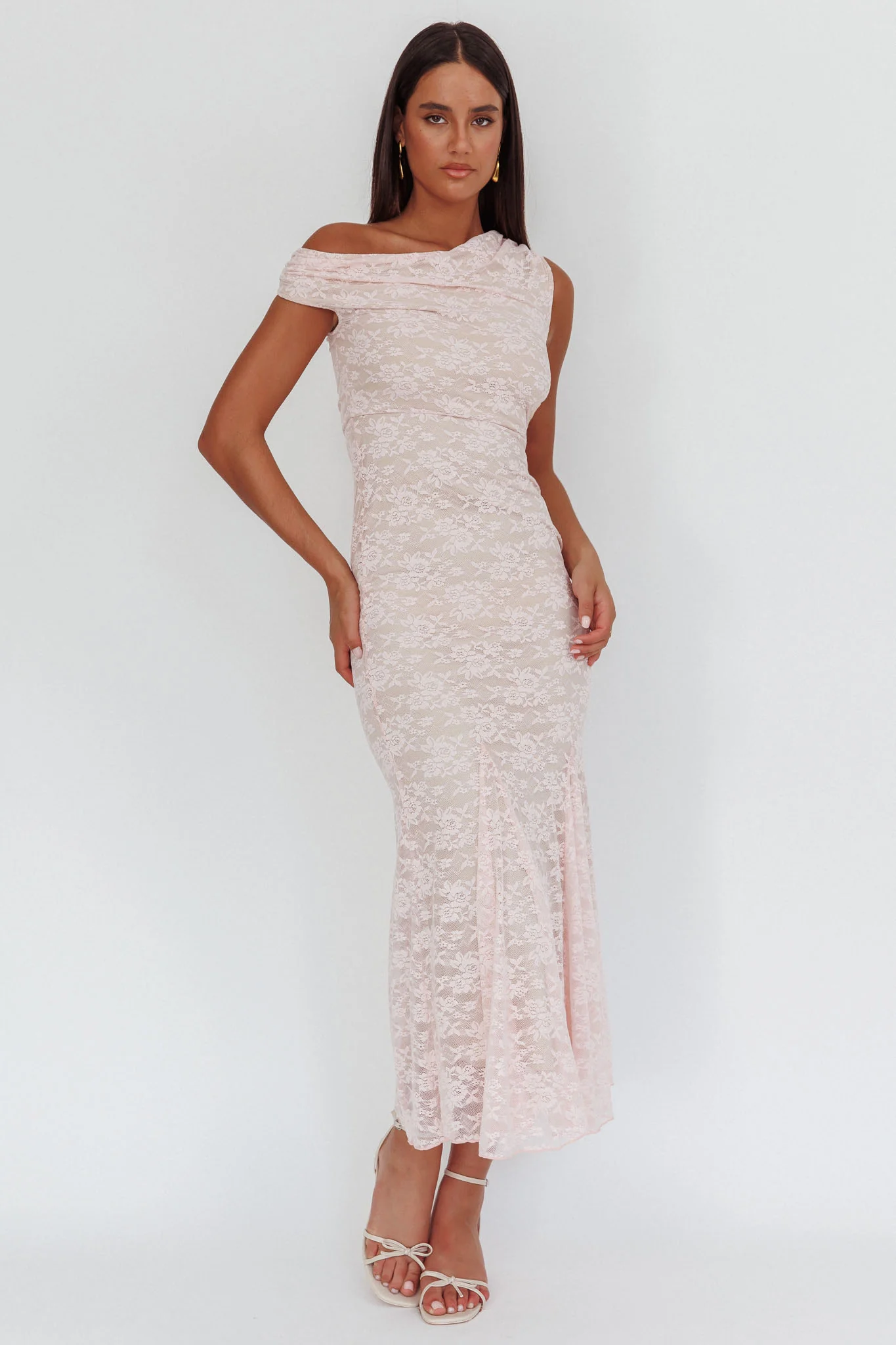 Diana Asymmetric Shoulder Godet Maxi Dress Lace Pink - Image 5