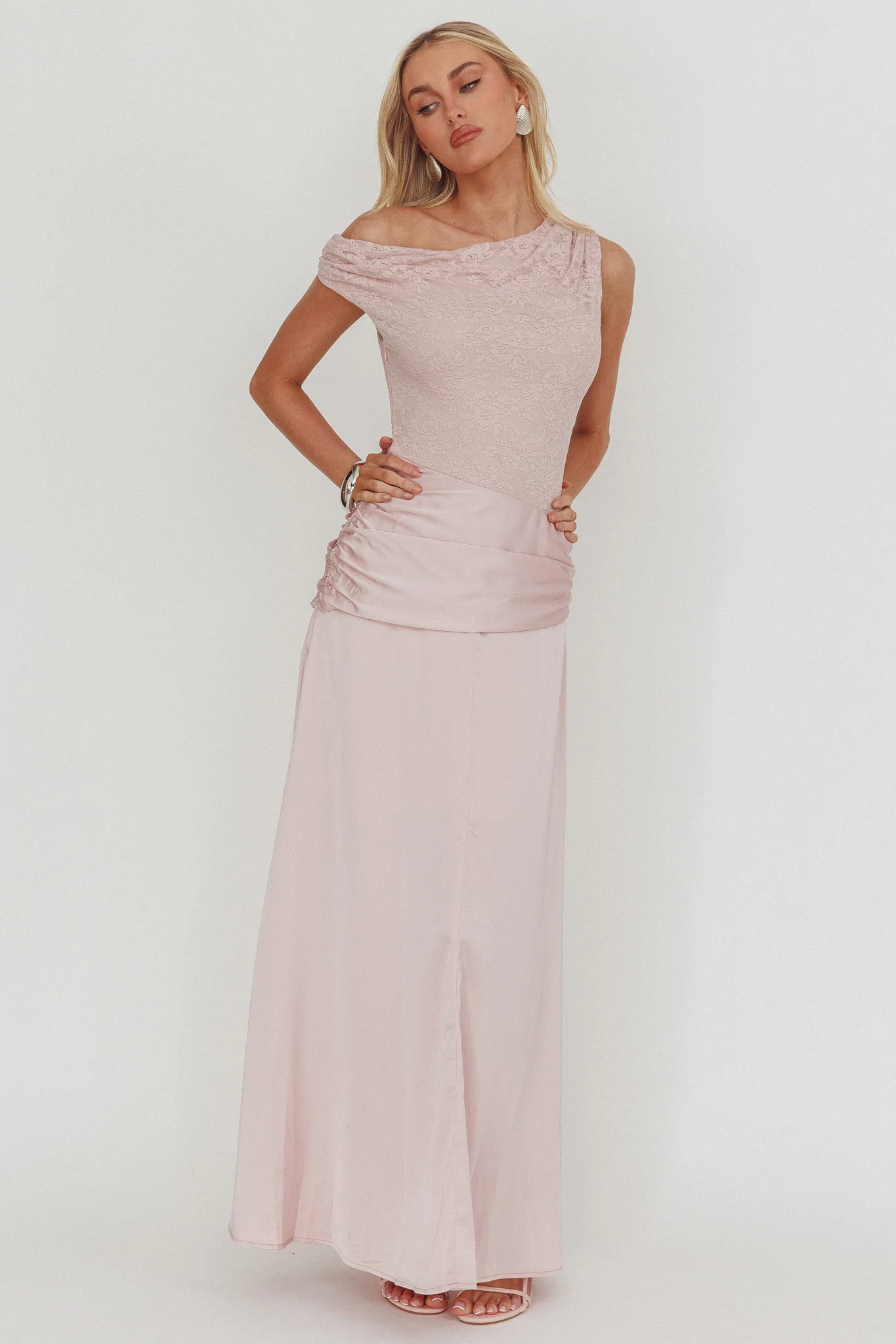 Diana Asymmetric Shoulder Pleat Waist Maxi Dress Blush - Image 5