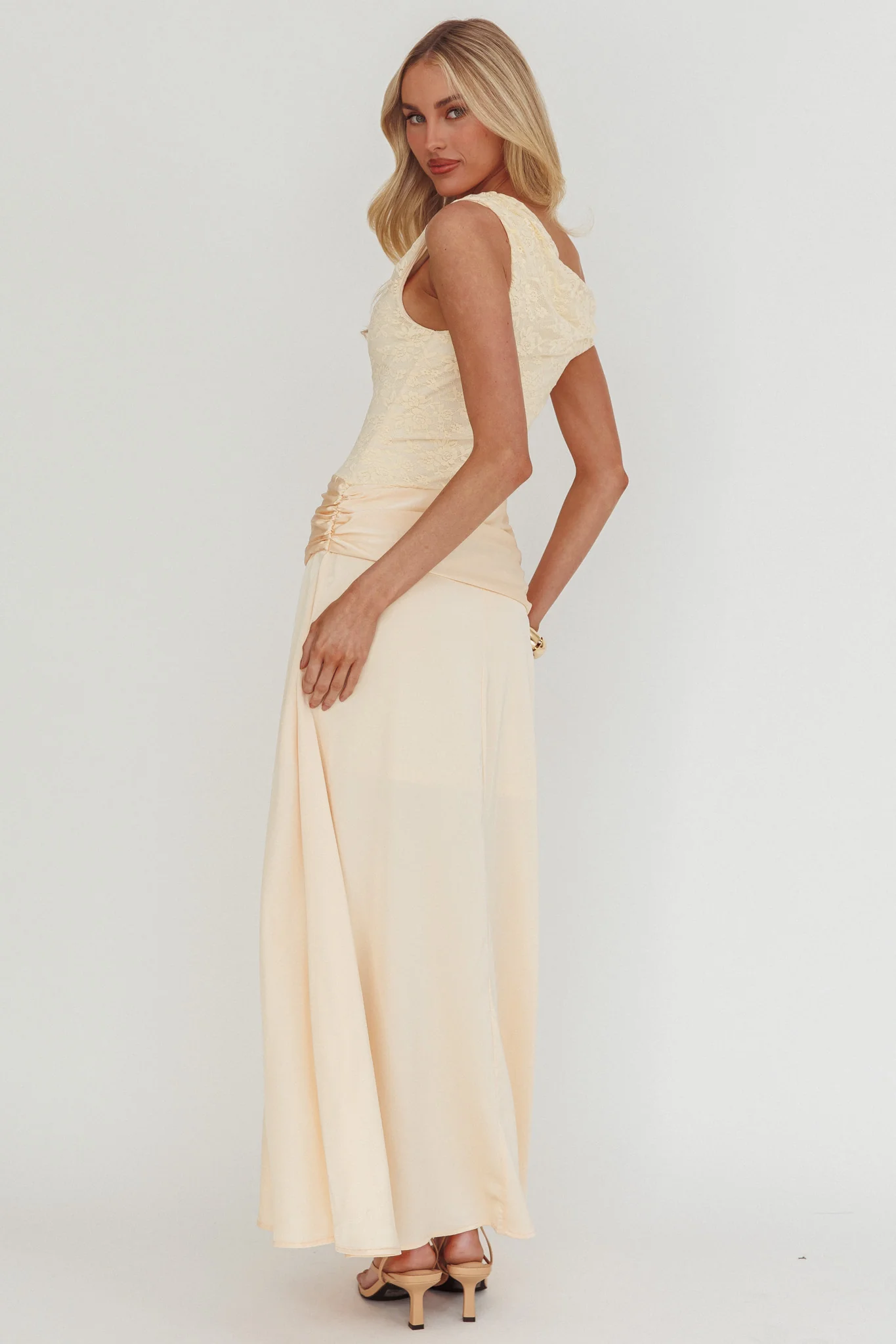 Diana Asymmetric Shoulder Pleat Waist Maxi Dress Butter - Image 2