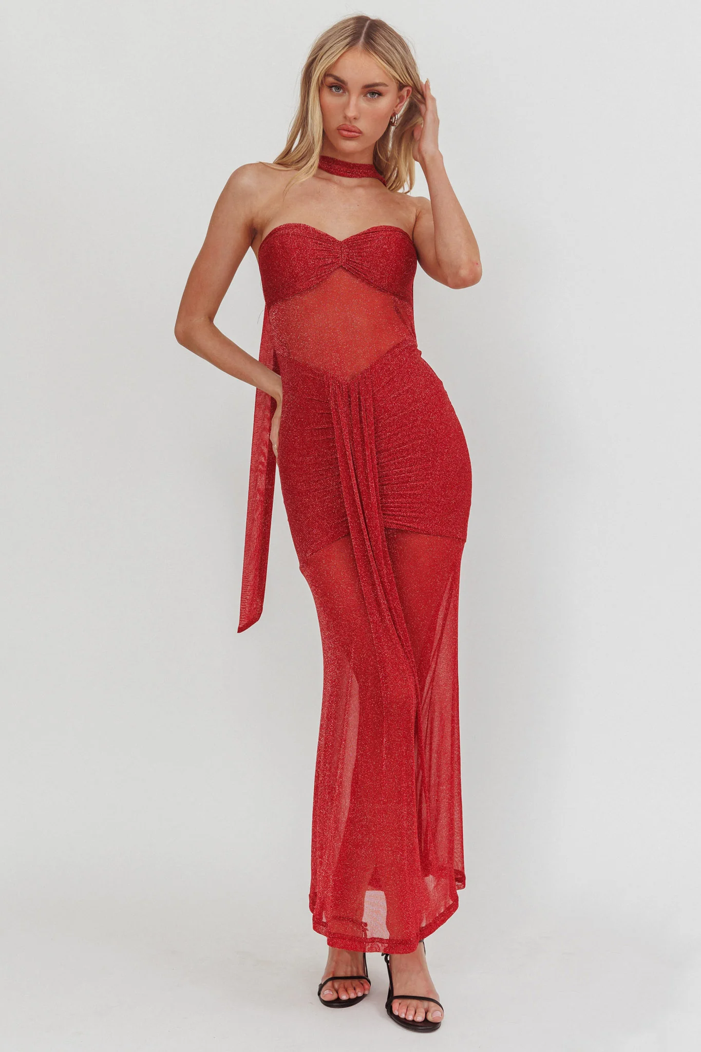 Elma Bandeau Sheer Shimmer Maxi Dress Red - Image 5