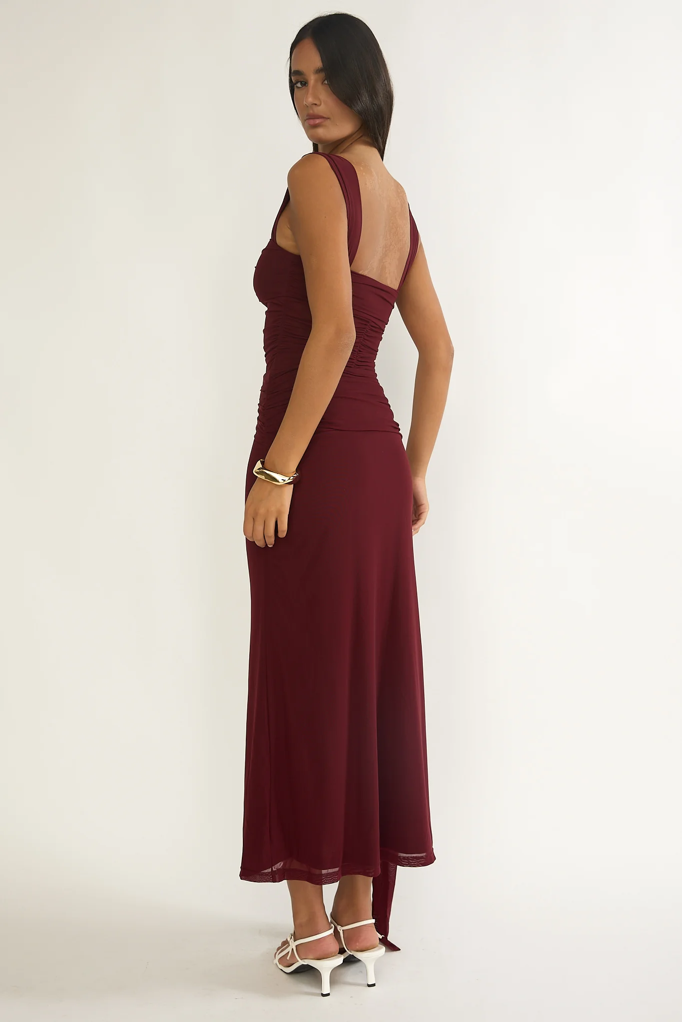Emara Ruched Waist Sash Maxi Dress Burgundy - Image 2