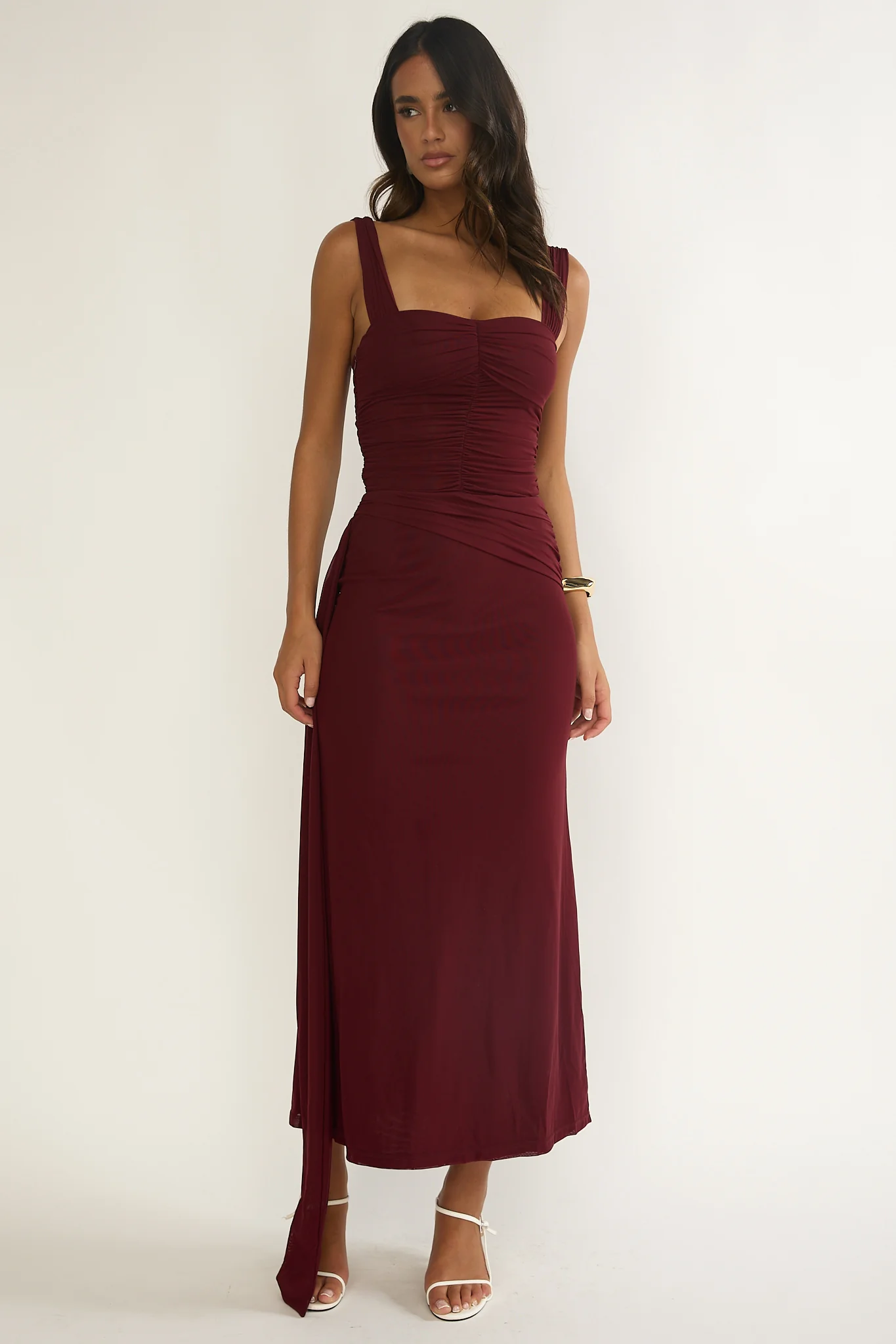 Emara Ruched Waist Sash Maxi Dress Burgundy - Image 4