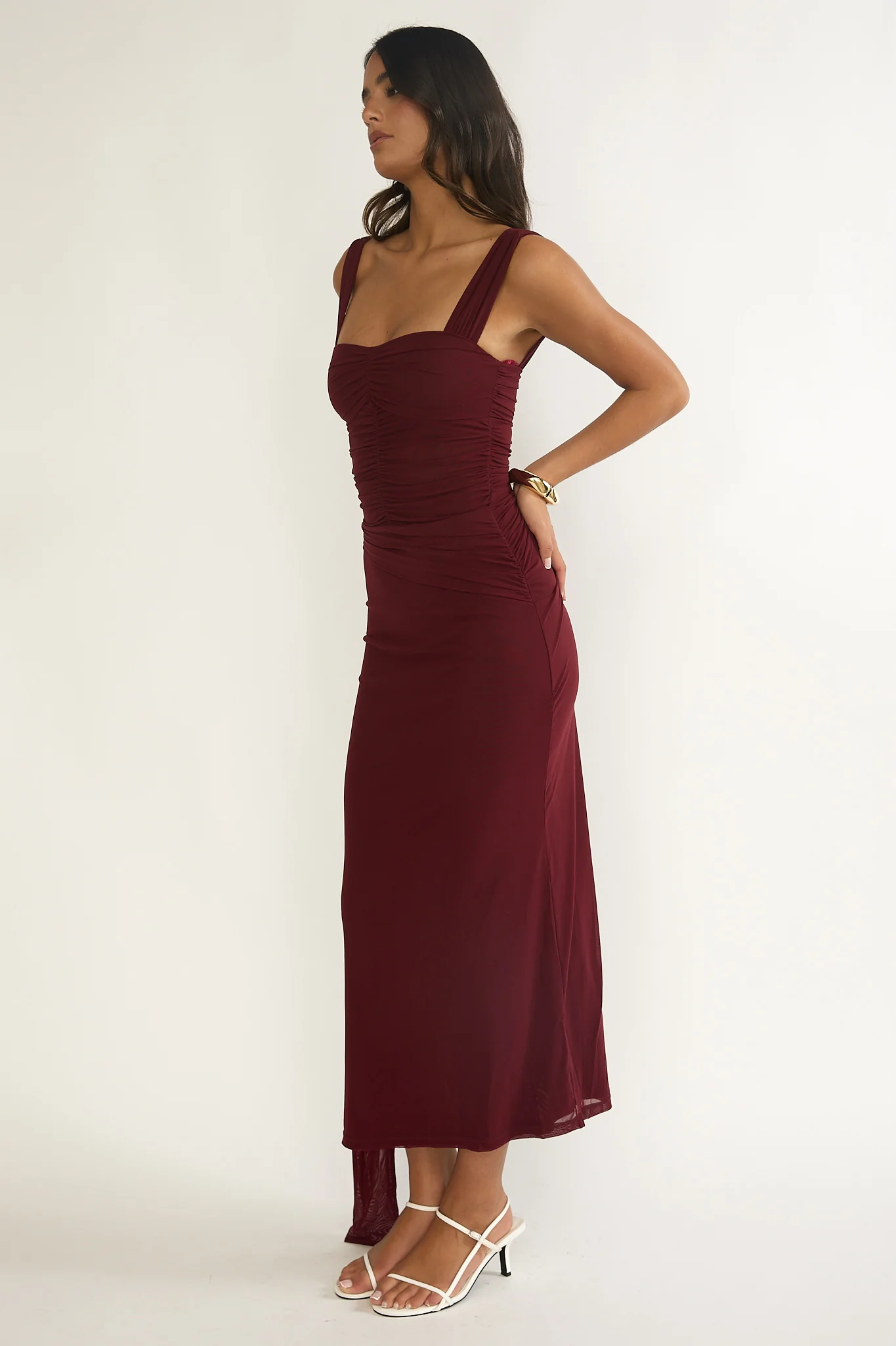 Emara Ruched Waist Sash Maxi Dress Burgundy - Image 6