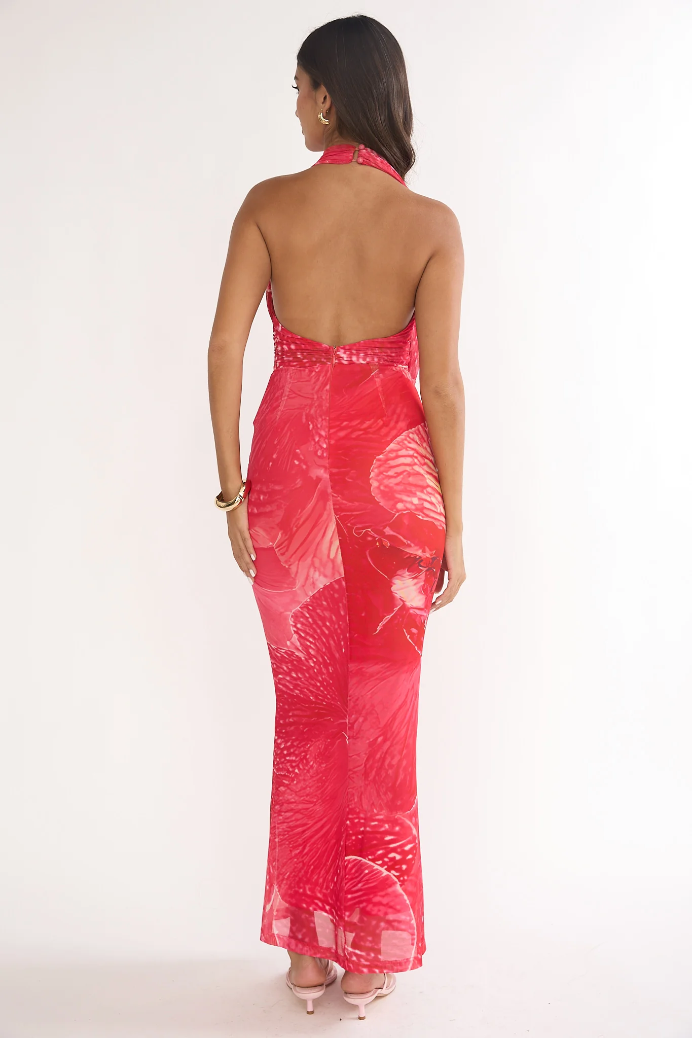 Everra Halterneck Drape Maxi Dress Print Red - Image 3