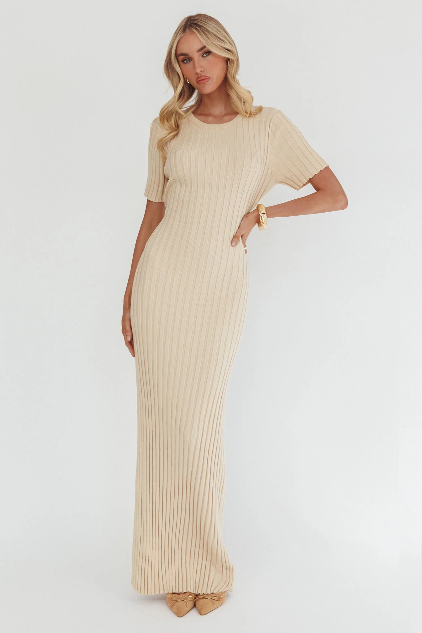 Faylen Waist Tie Ribbed Knit Maxi Dress Cream - Image 5