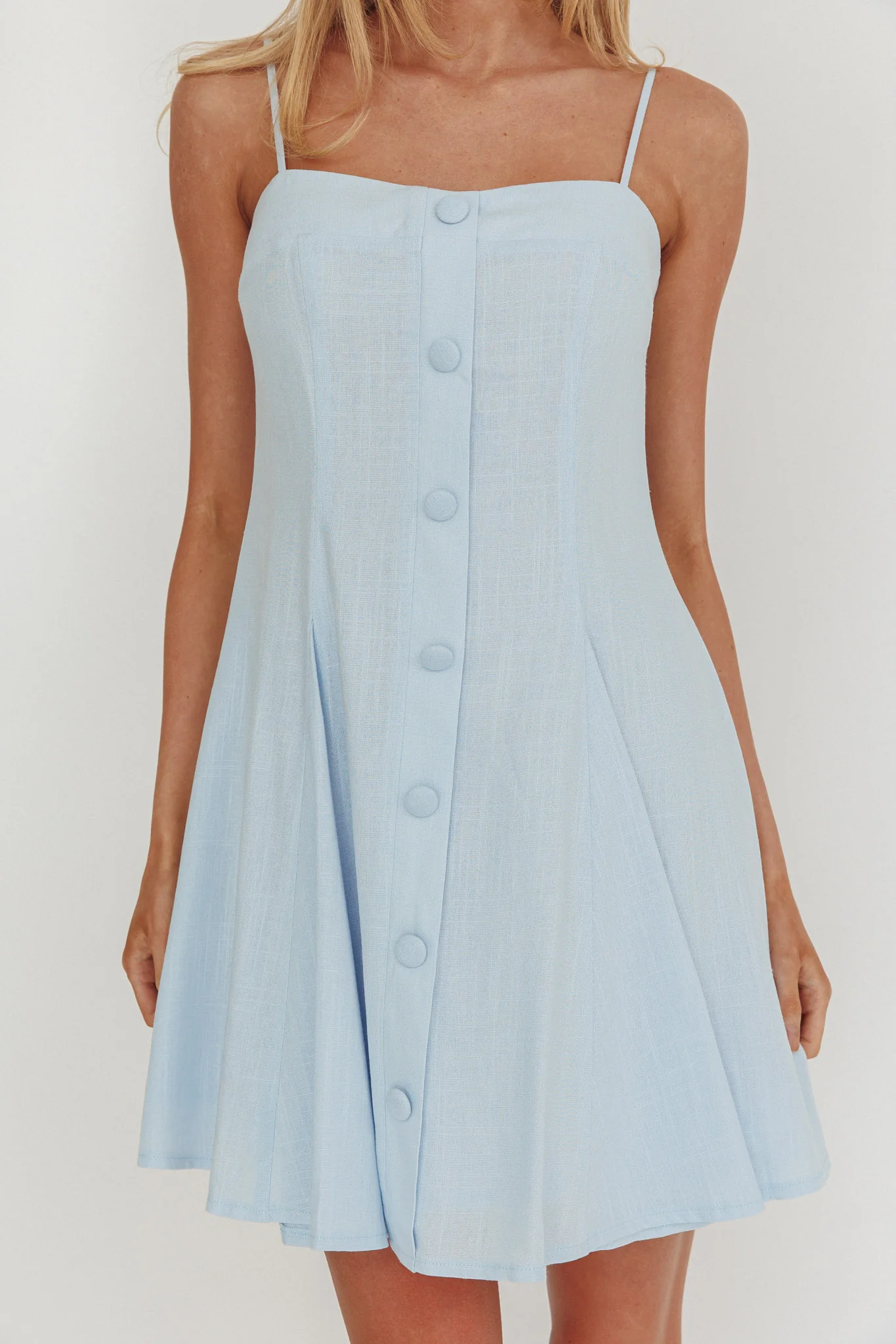 Fianna Button Front Godet Mini Dress Light Blue - Image 3