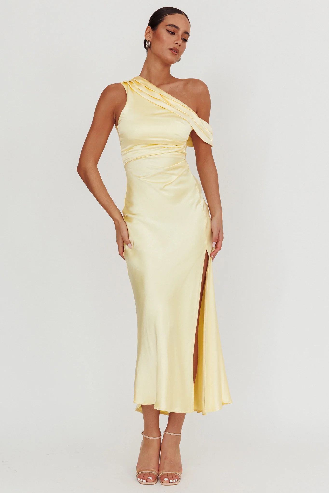 Floret Asymmetric Neckline Midi Dress Butter - Image 5