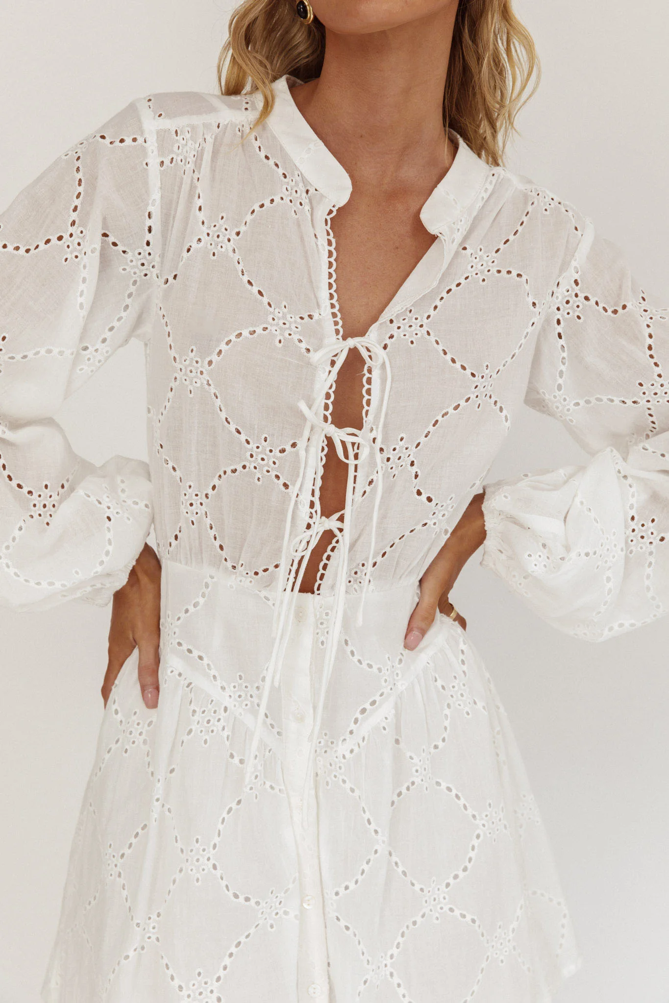 Flossy Eyelet Overlay Tie Mini Dress White - Image 3