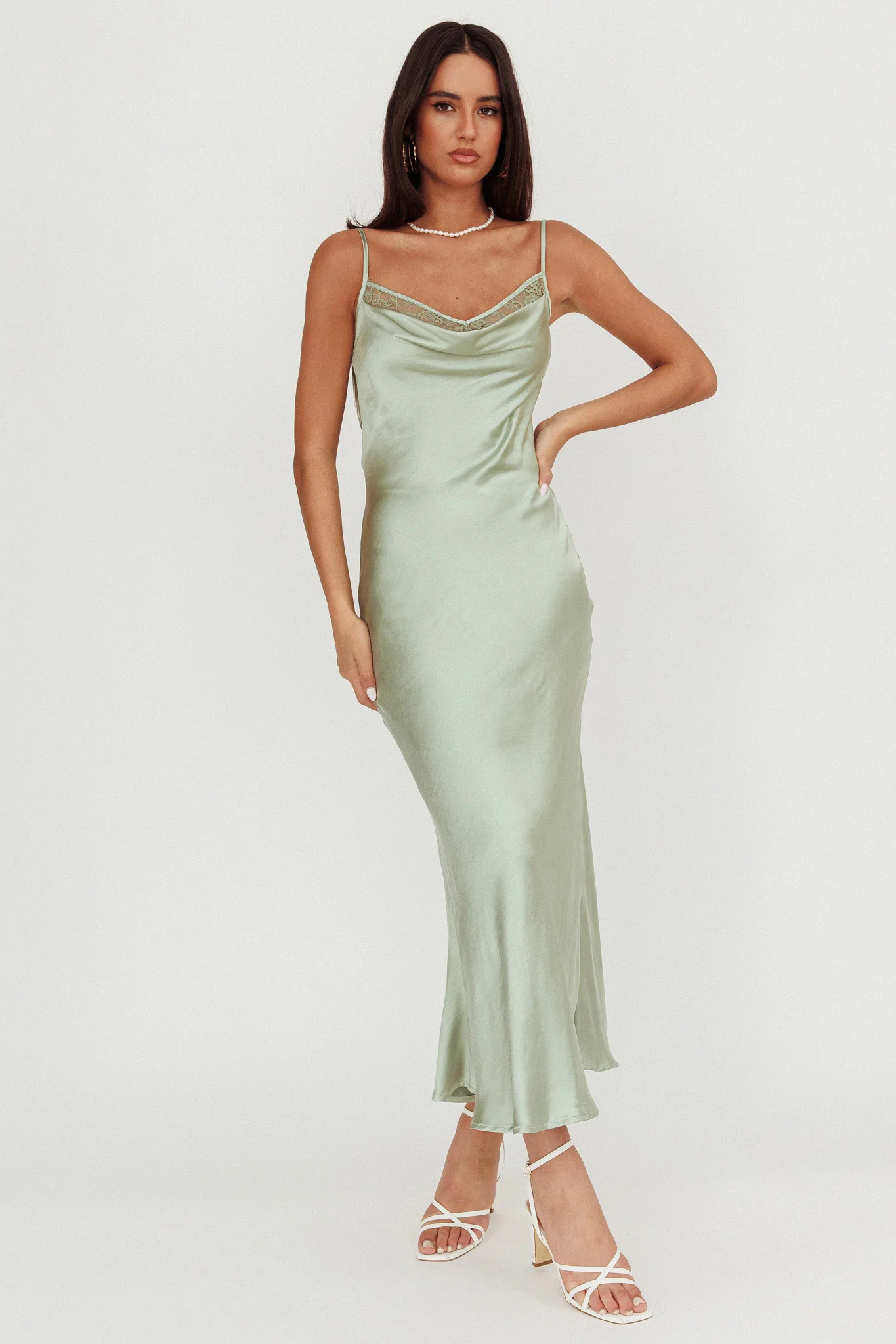 Gentle Touch Cowl Neck Satin Maxi Dress Sage - Image 5