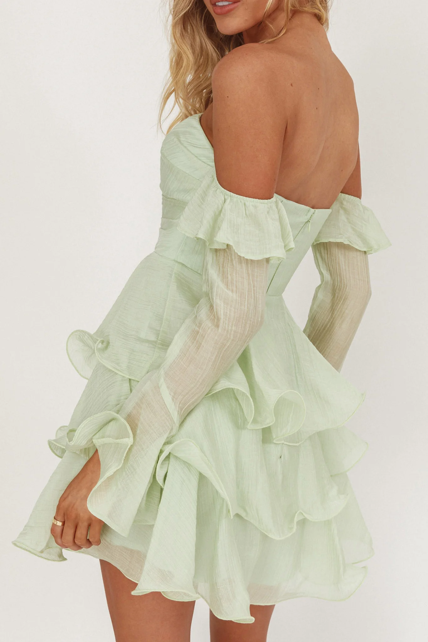 Giavana Off-Shoulder Layered Mini Dress Sage - Image 2