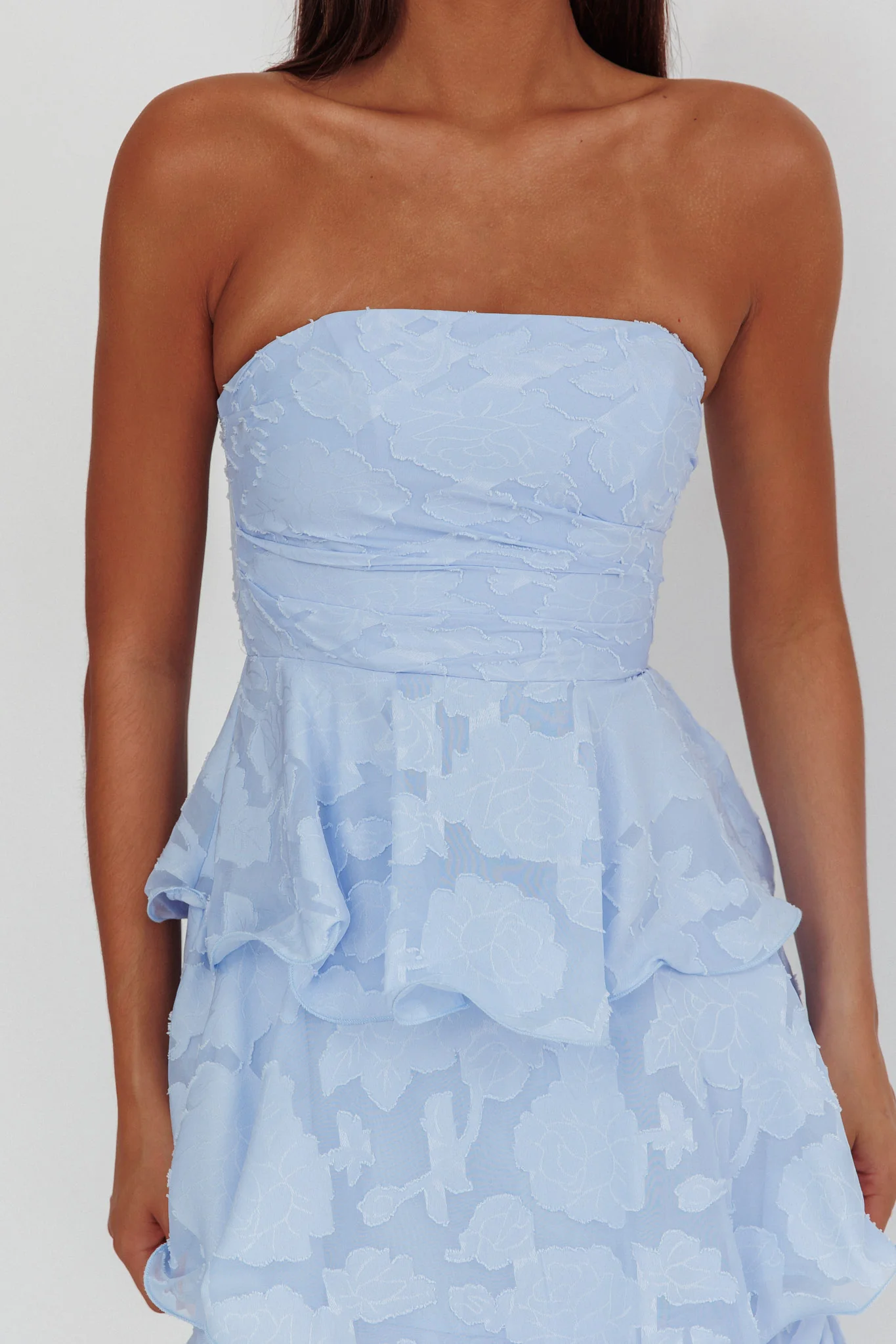 Giavana Strapless Layered Midi Dress Floral Embossed Blue - Image 3