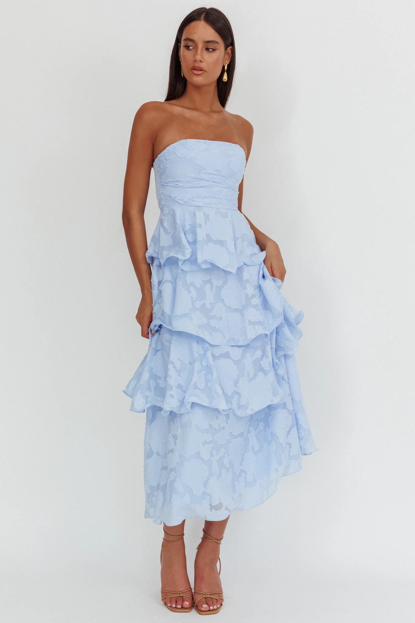 Giavana Strapless Layered Midi Dress Floral Embossed Blue - Image 4