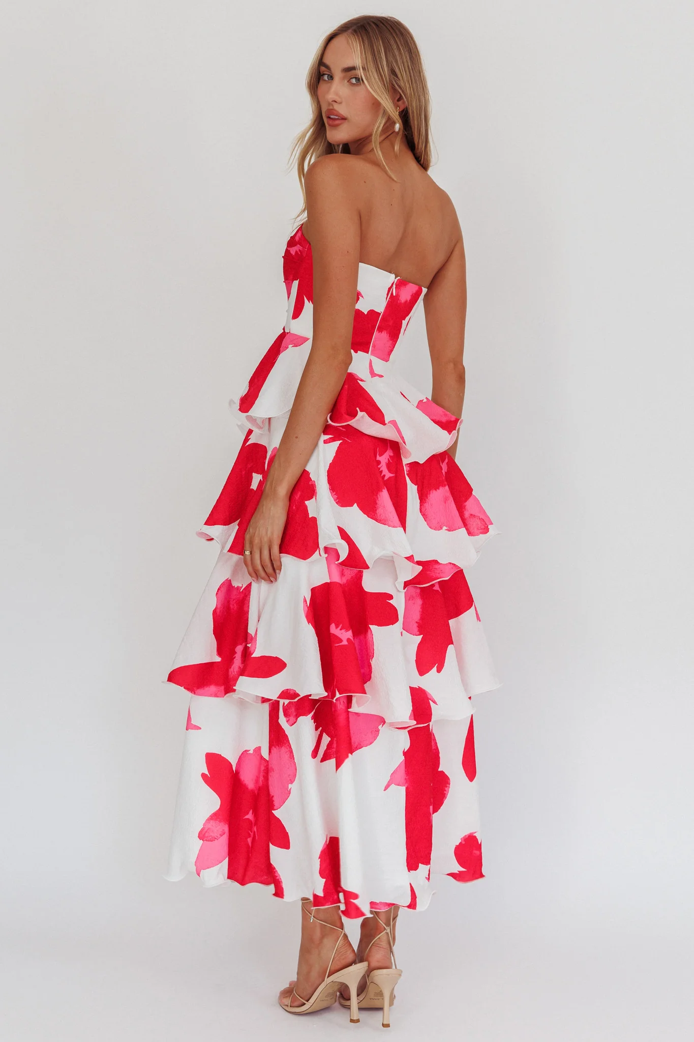Giavana Strapless Layered Midi Dress Floral Red - Image 2