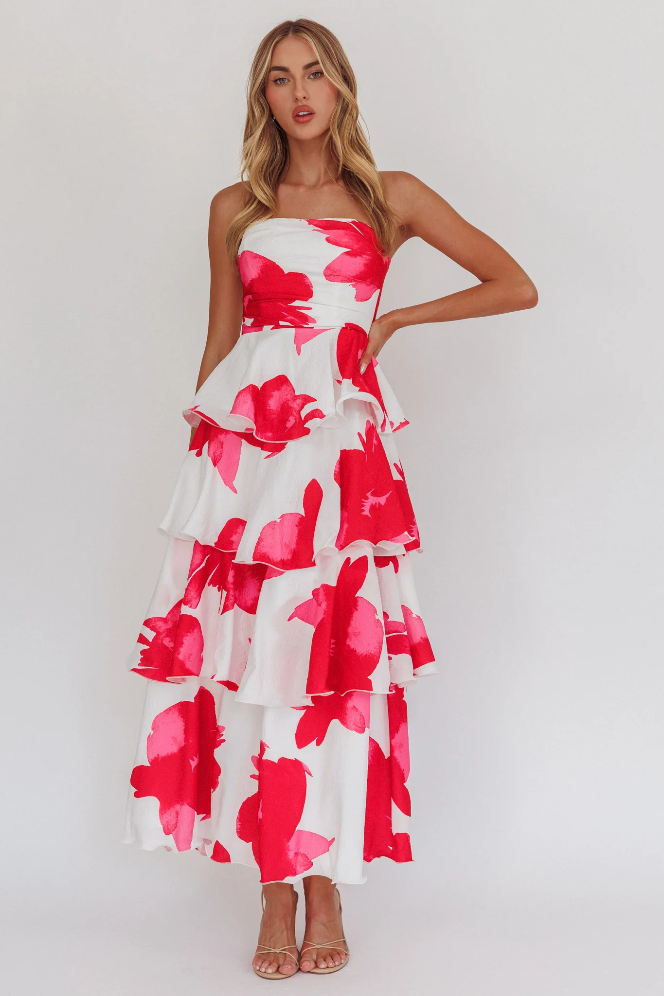 Giavana Strapless Layered Midi Dress Floral Red - Image 5