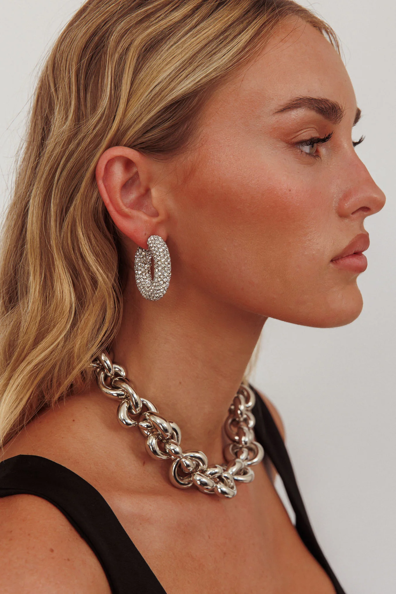 Gigi Semi Hoop Earrings Silver Diamante - Image 2