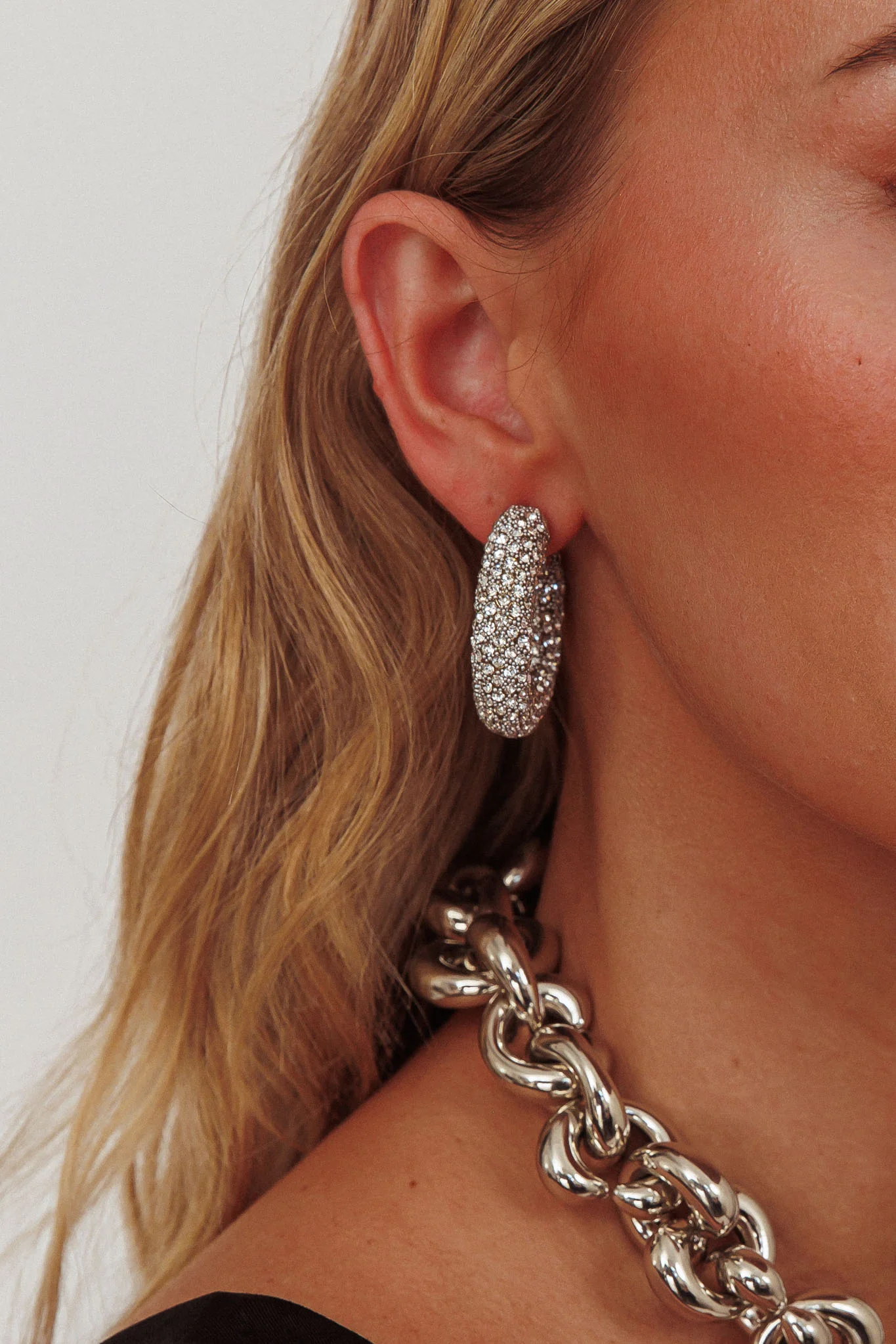 Gigi Semi Hoop Earrings Silver Diamante - Image 3