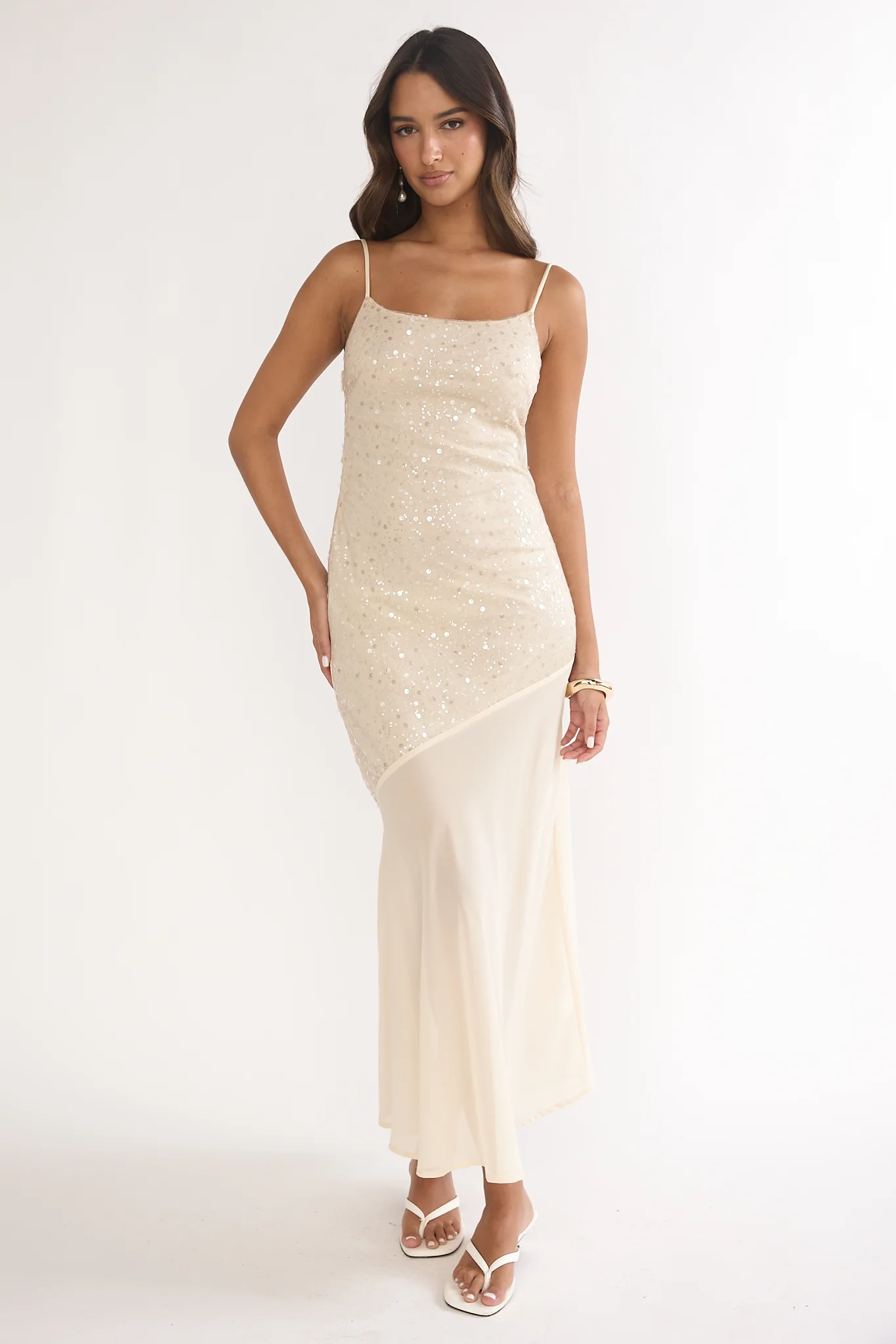 Gilded Dream Chiffon Hem Maxi Dress Sequin Oyster - Image 5
