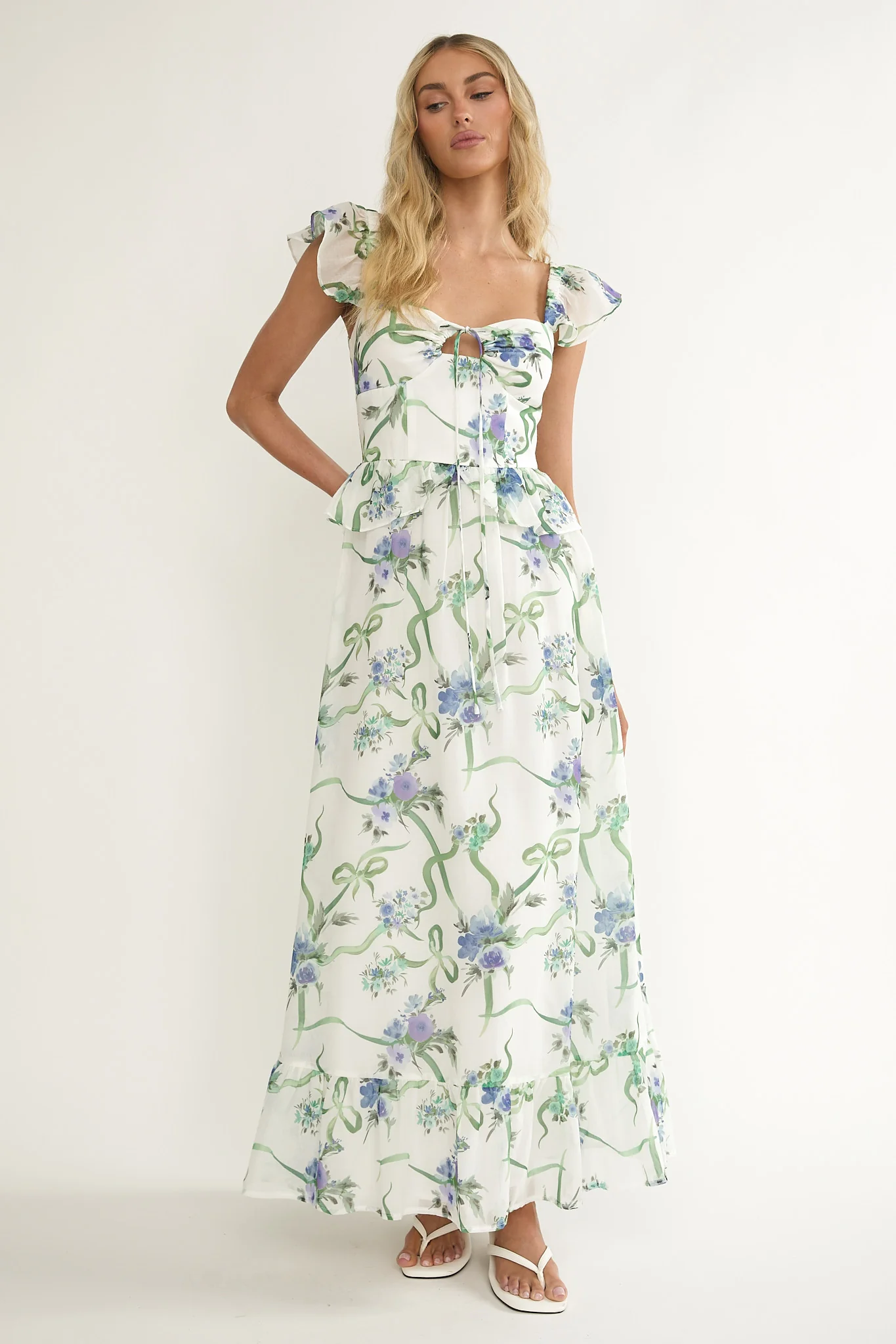 Hanalei Off-Shoulder Tied Bust Maxi Dress Floral White - Image 4