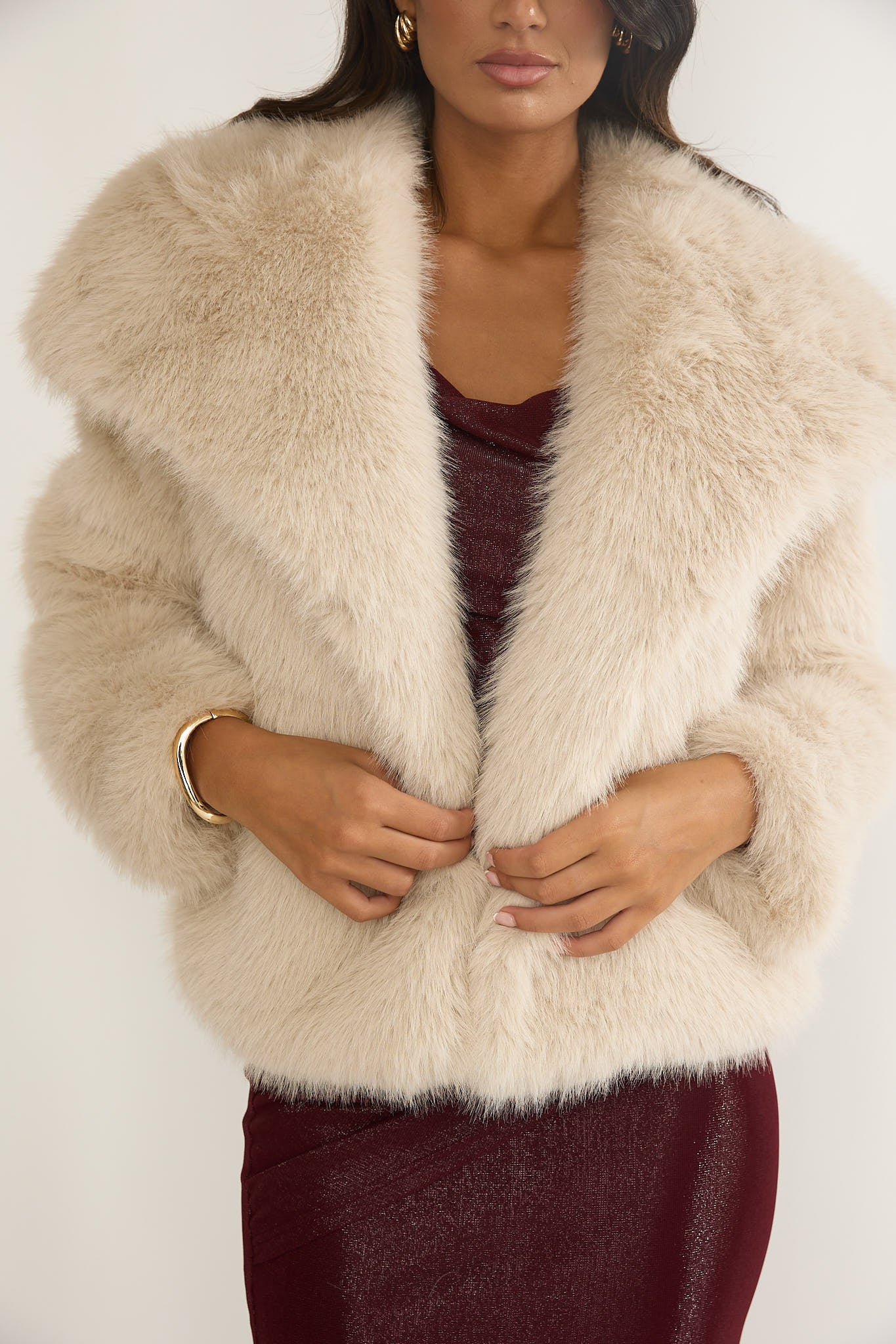 Harlequinn Oversized Lapel Faux Fur Jacket Taupe - Image 4