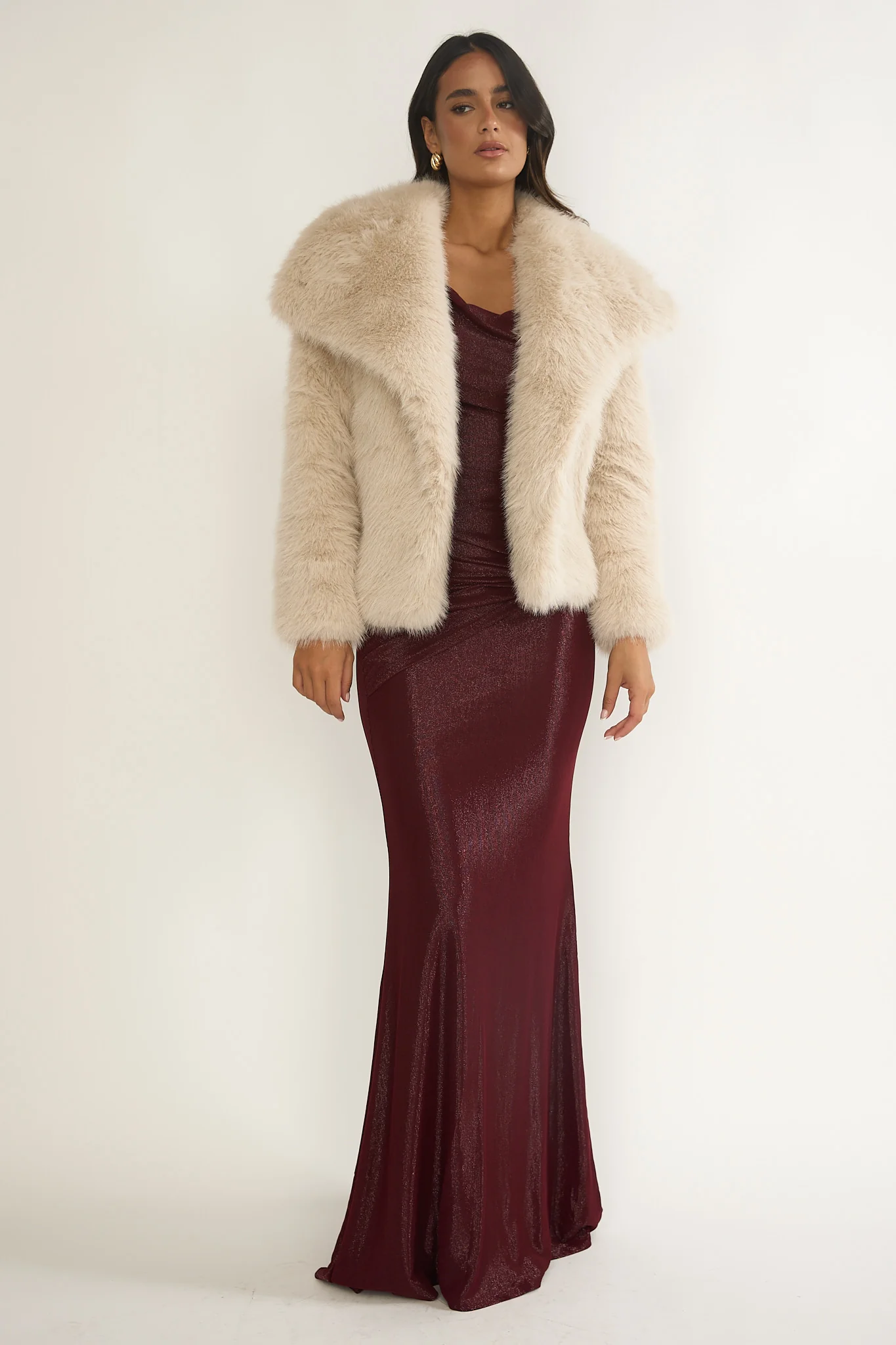 Harlequinn Oversized Lapel Faux Fur Jacket Taupe - Image 5