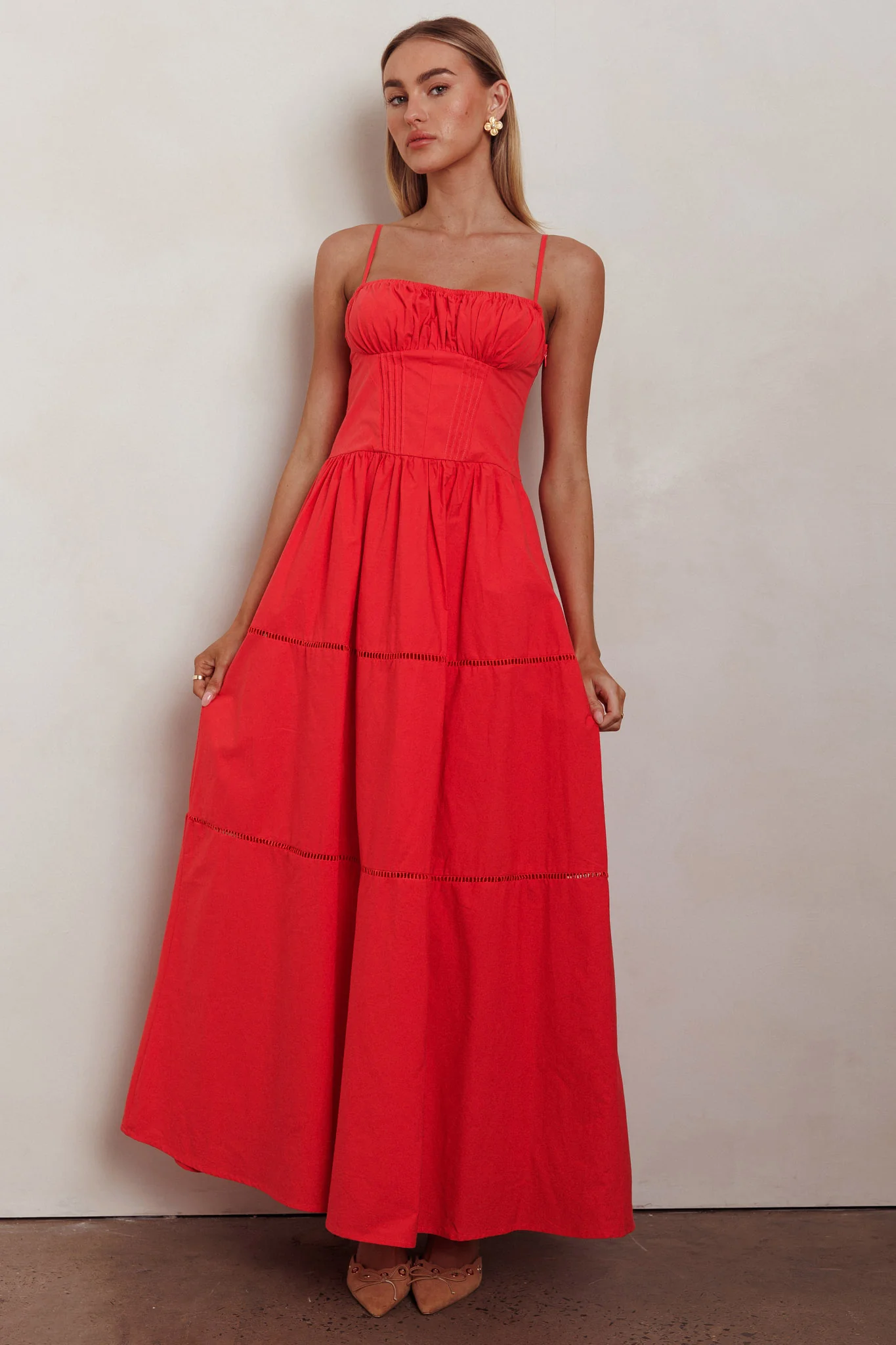 Heavenly Glow Gathered Bust A-Line Maxi Dress Red - Image 4