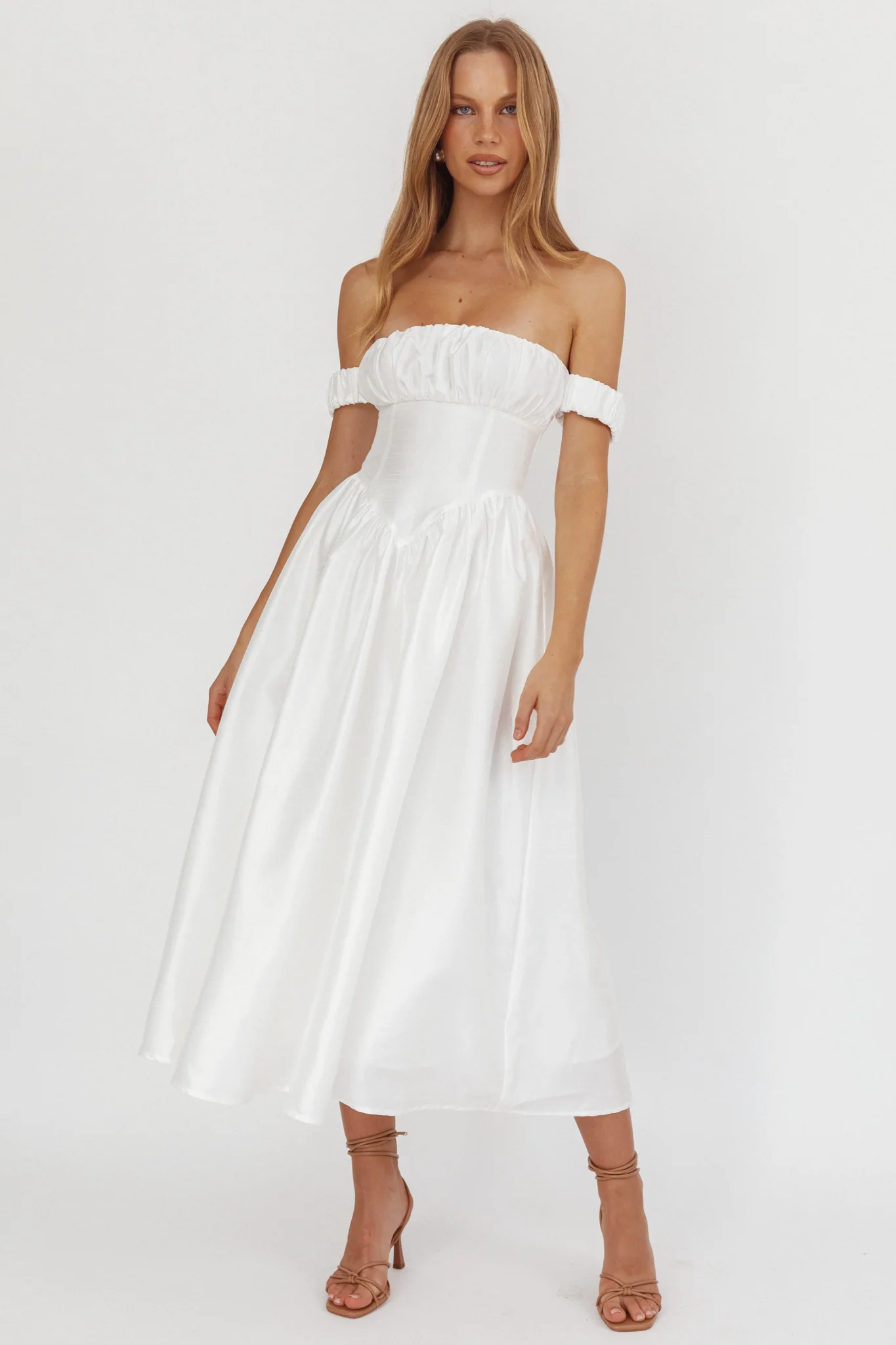 Heavens Above Off-Shoulder Basque Waist Midi Dress Ivory - Image 2