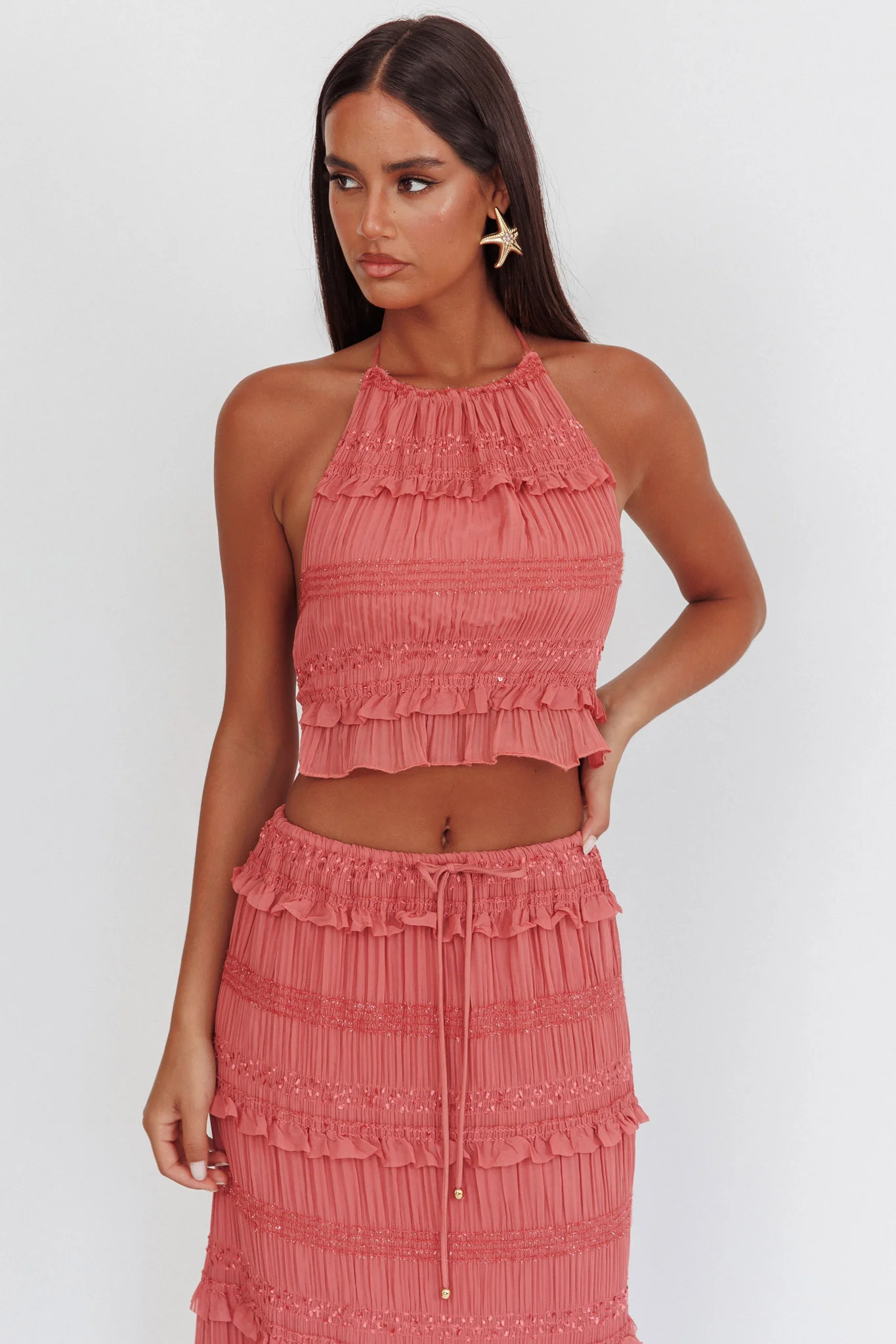 Helios Halterneck Shirred Sequin Top Rose - Image 5