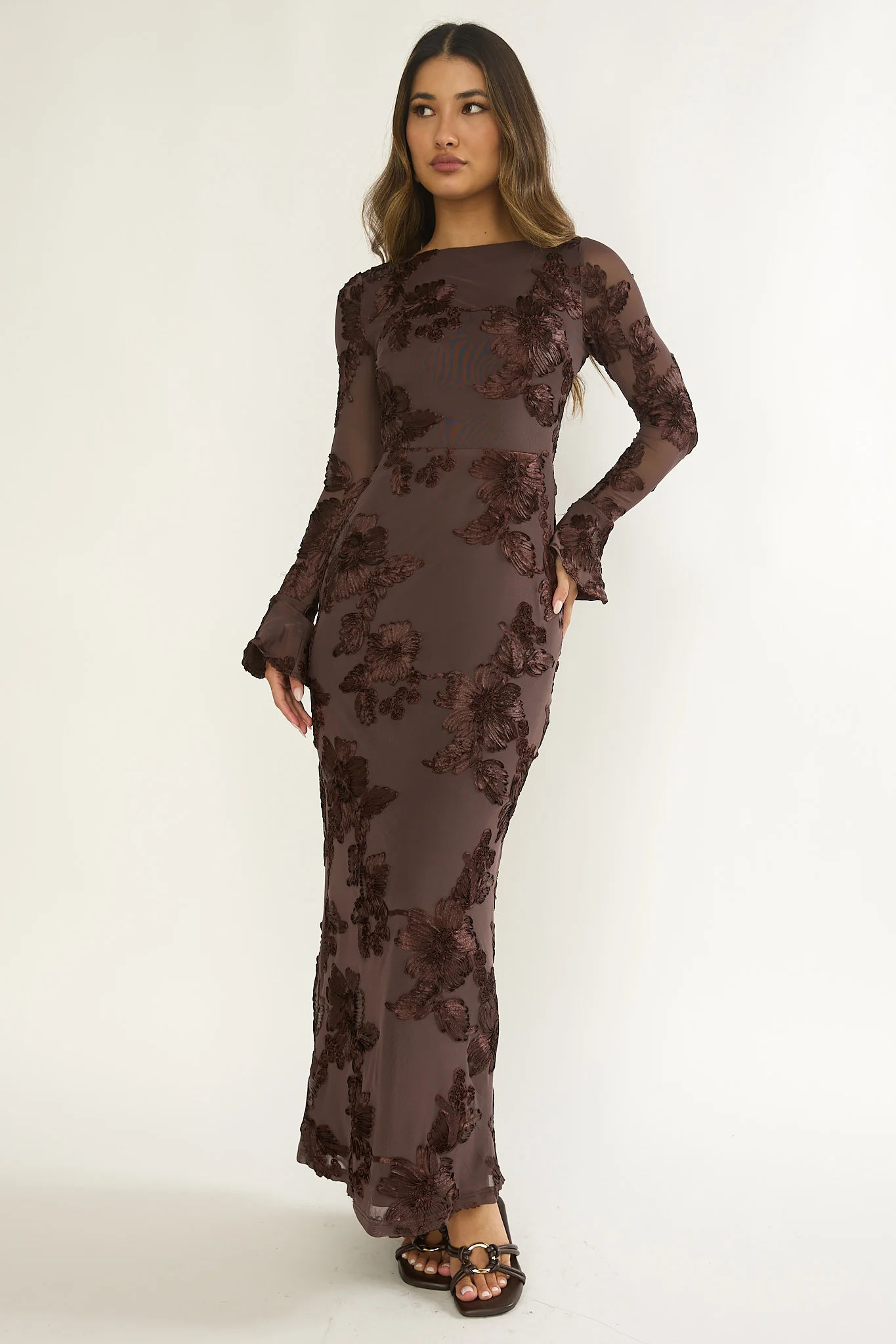 Helsi Long Sleeve Embellished Maxi Dress Brown - Image 2