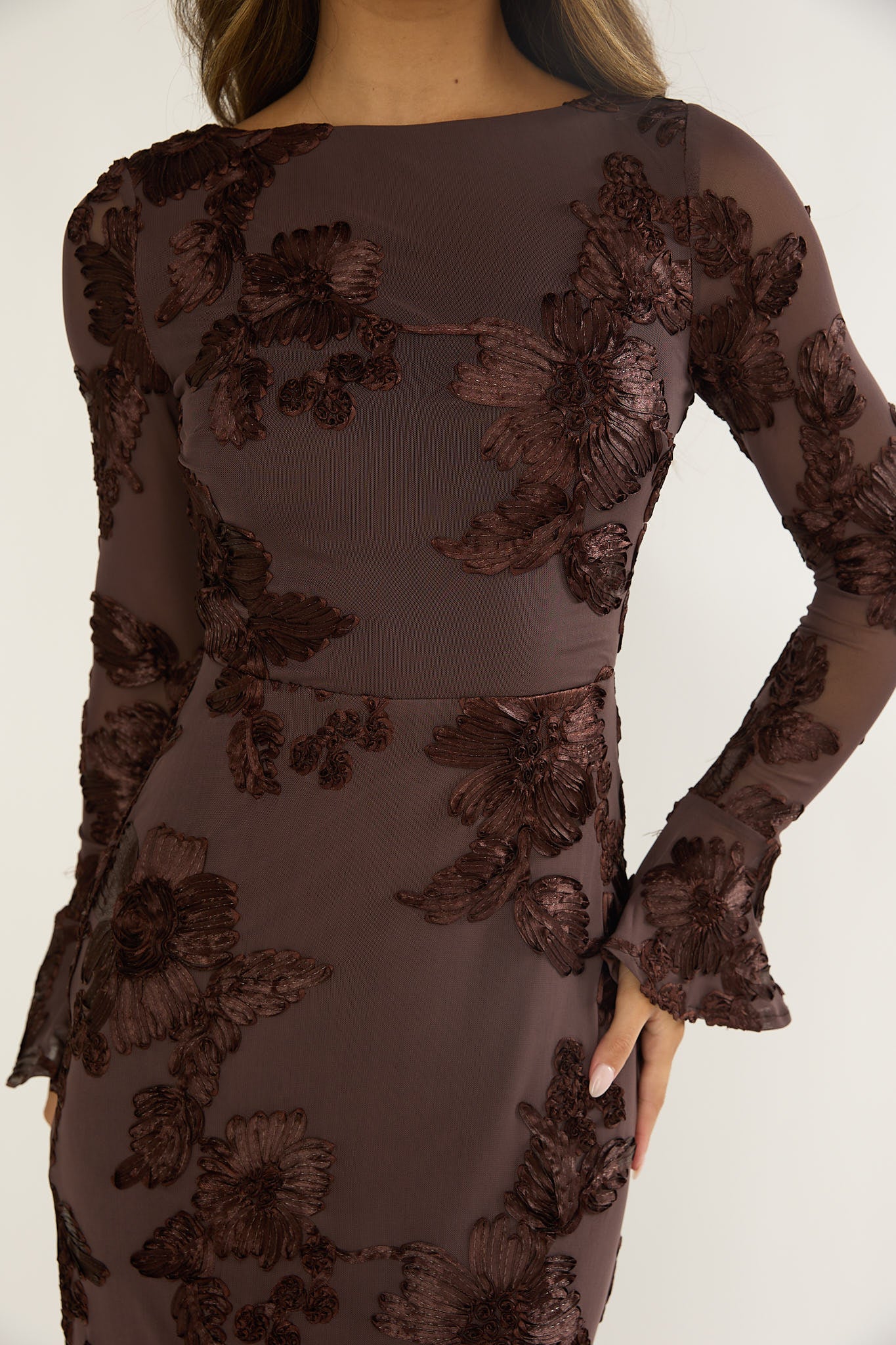 Helsi Long Sleeve Embellished Maxi Dress Brown - Image 4