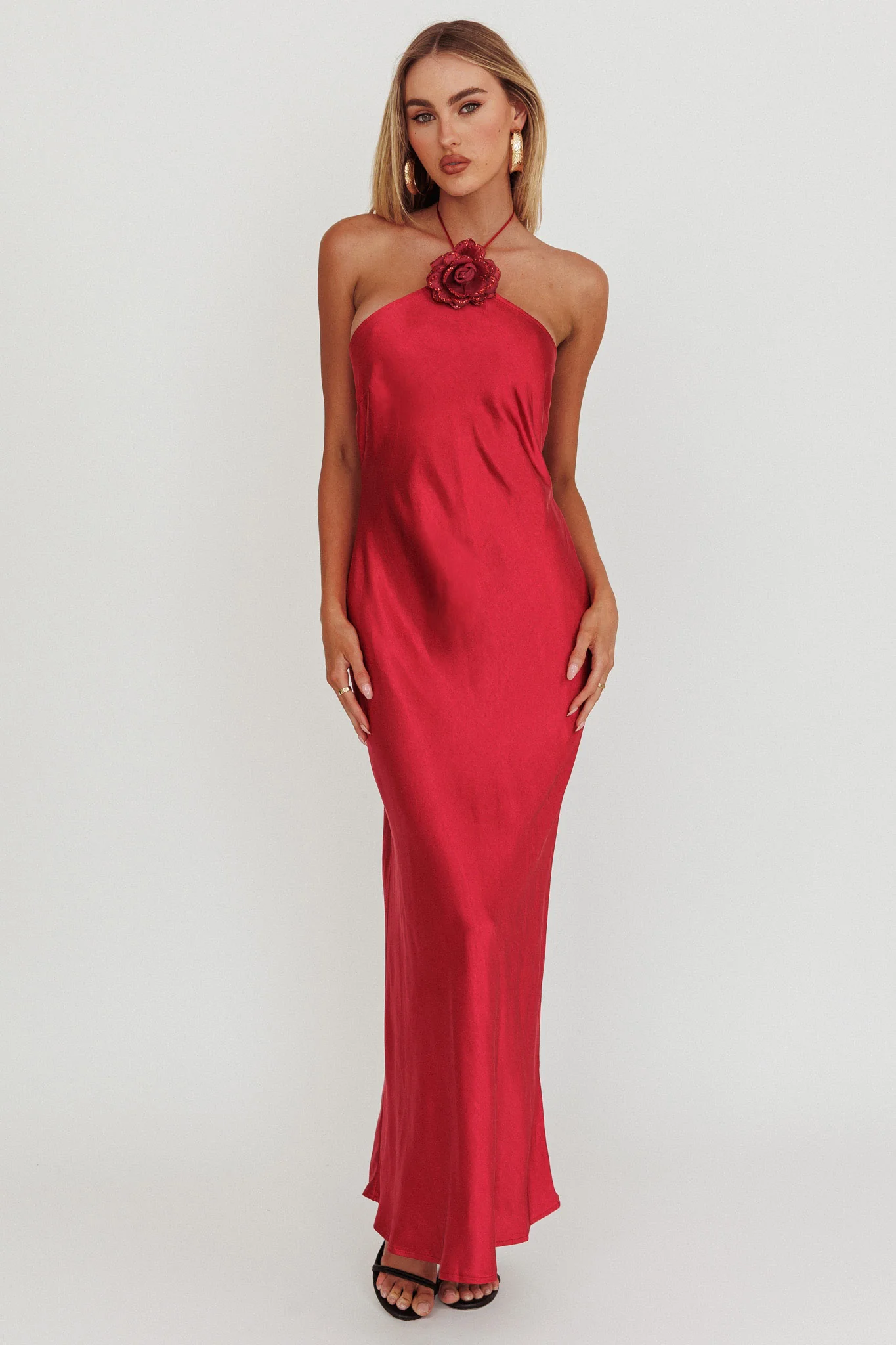 High Roller Flower Decoration Halter Dress Wine - Image 4
