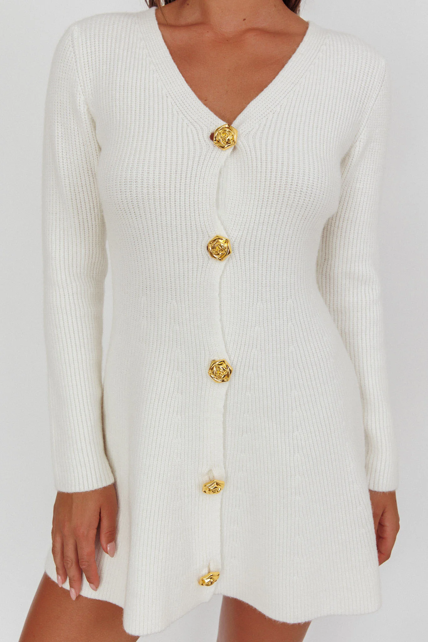 Irma Gold Button Knit Mini Dress White - Image 3