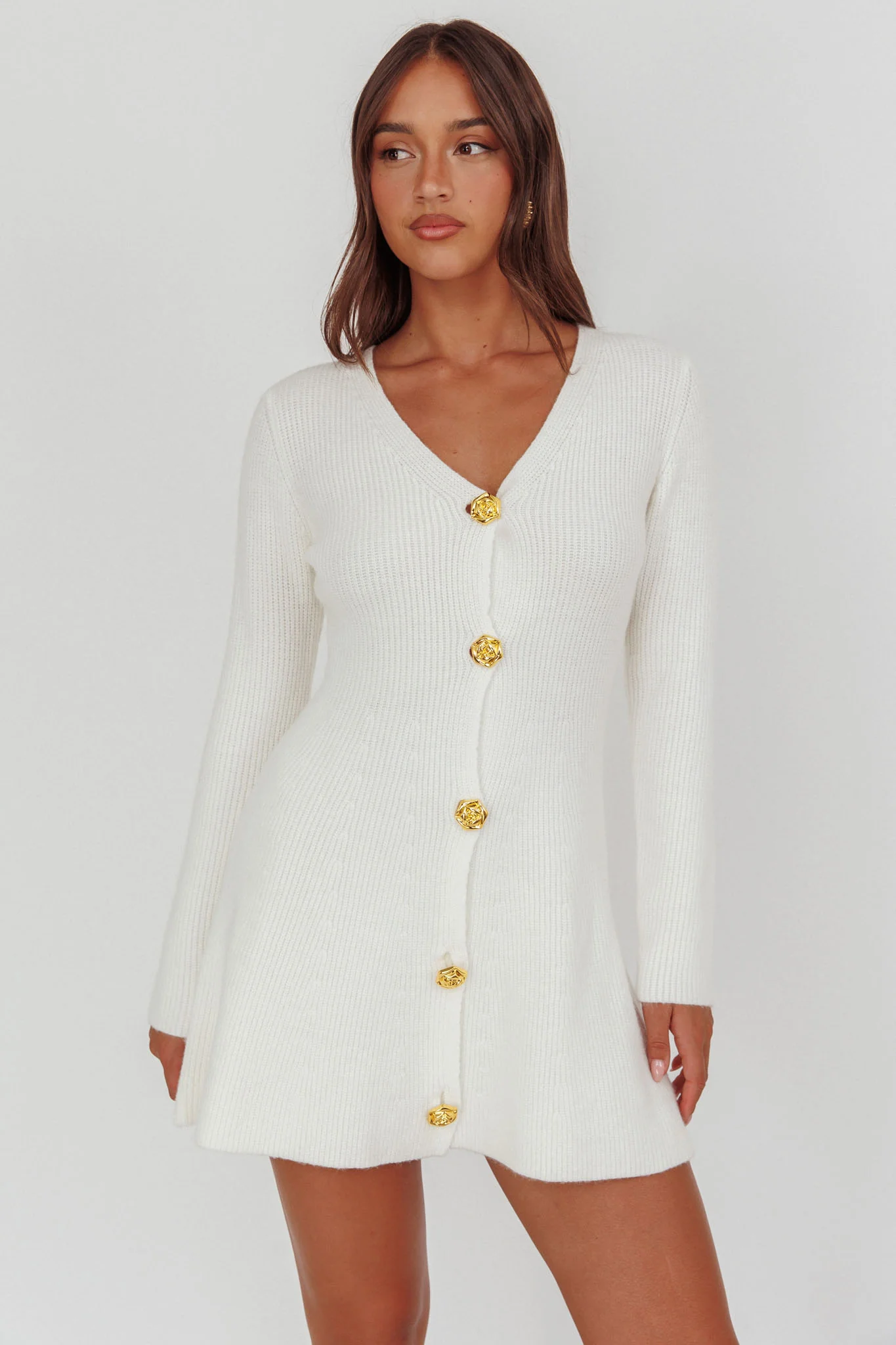 Irma Gold Button Knit Mini Dress White - Image 5