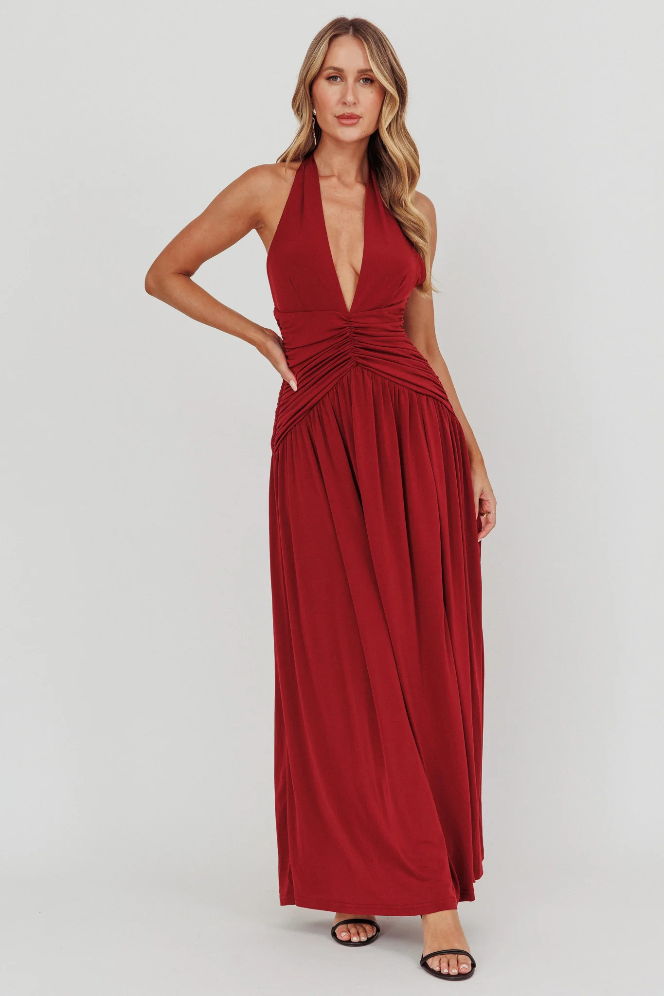 Italia Azure Gathered Waist Maxi Dress Wine - Image 4